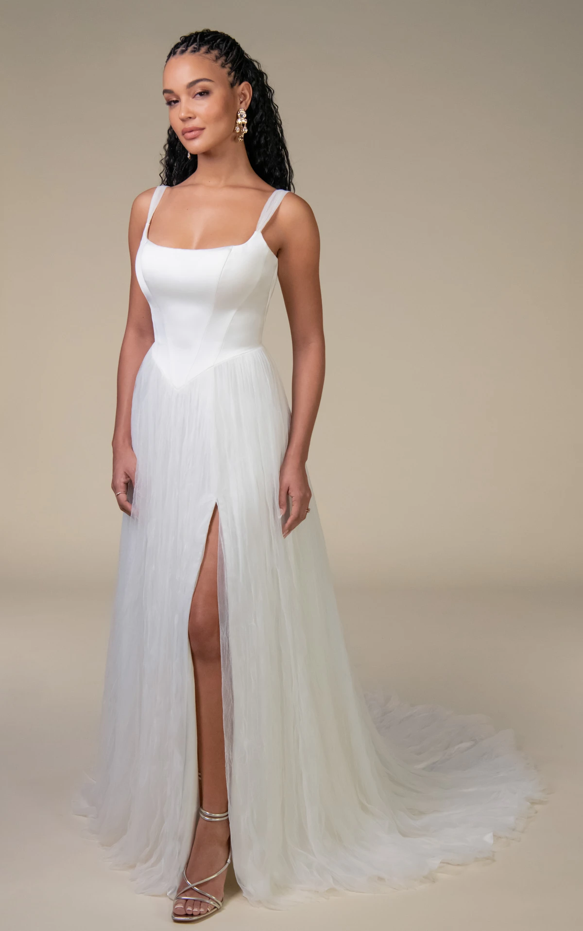 noah Square Neckline Belle Satin and Crushed French Tulle A-Line Wedding Gown with Detachable Bubble Sleeves  by All Who Wander