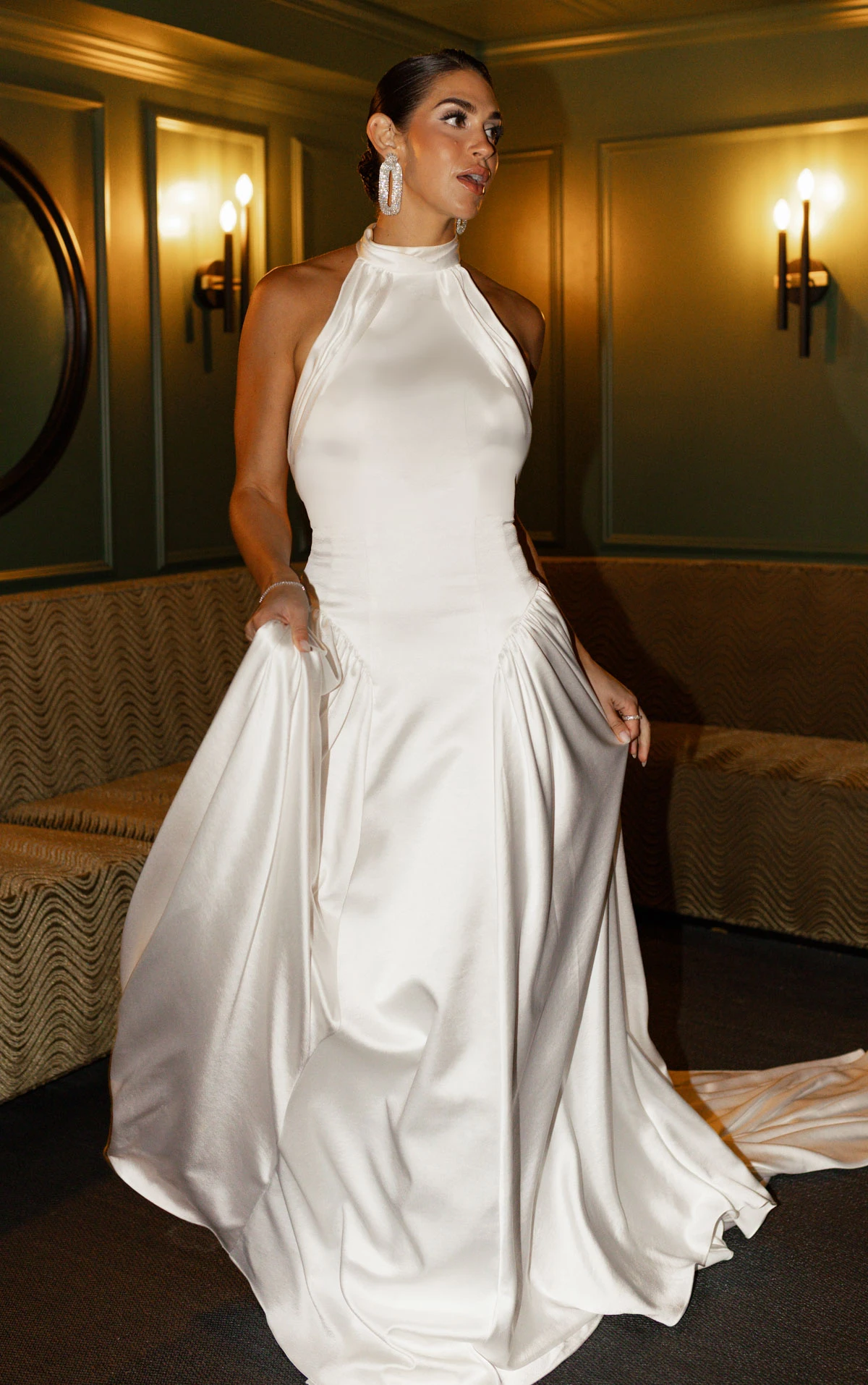 High-Neck Charmeuse Wedding Gown with Open Back and Dropped Waist, RAMONE, byAll Who Wander