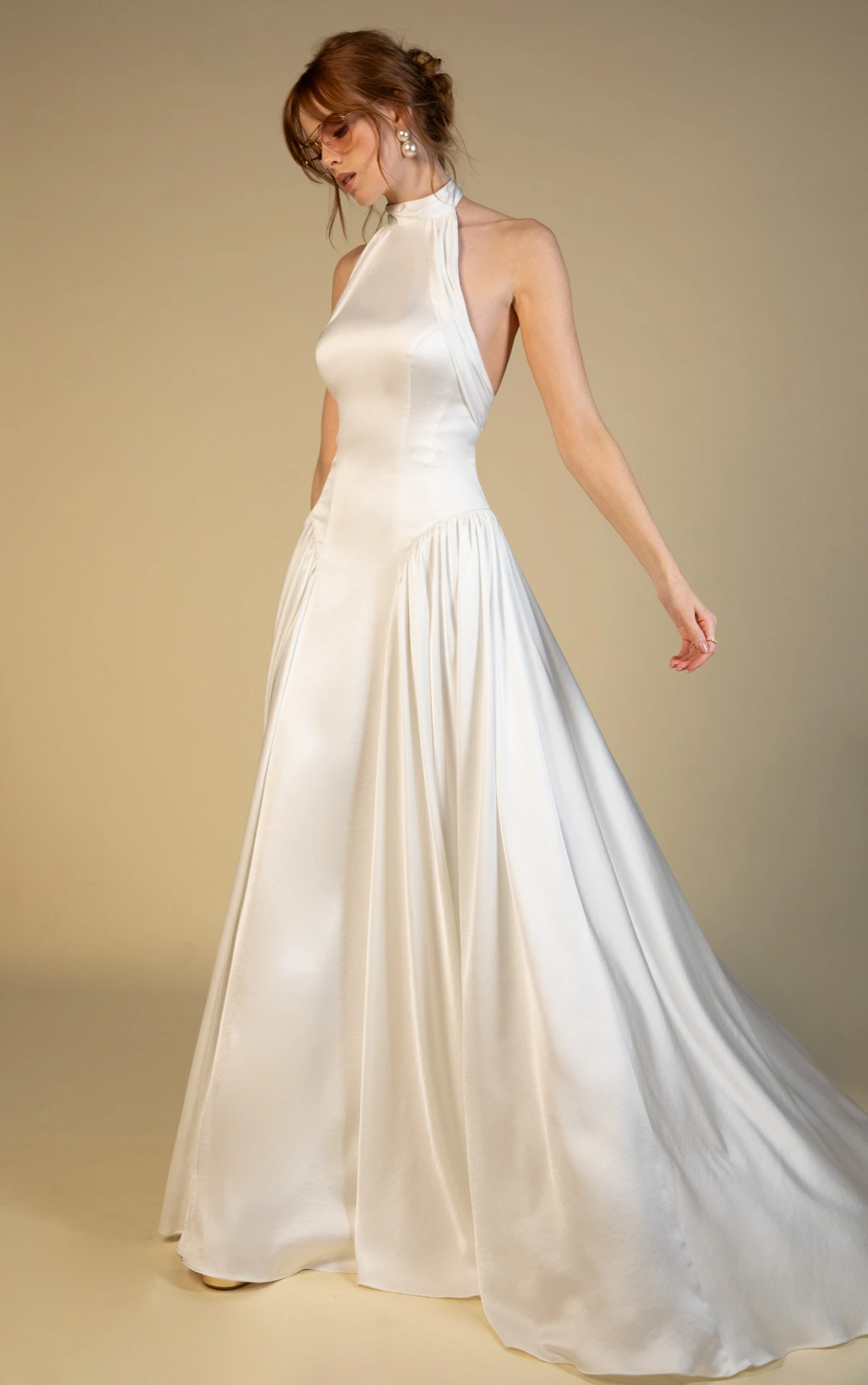 ramone High-Neck Charmeuse Wedding Gown with Open Back and Dropped Waist  by All Who Wander