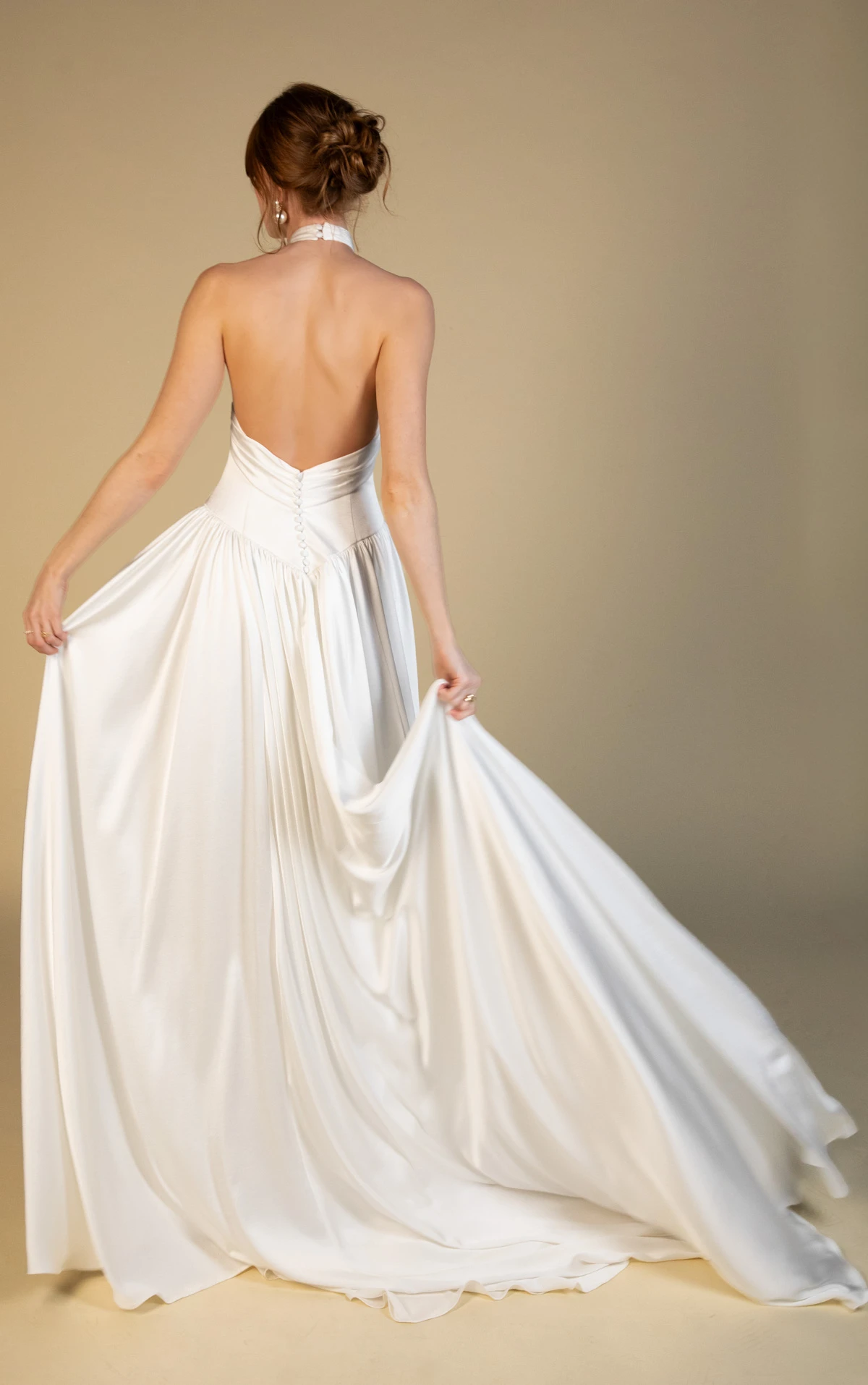 ramone High-Neck Charmeuse Wedding Gown with Open Back and Dropped Waist  by All Who Wander