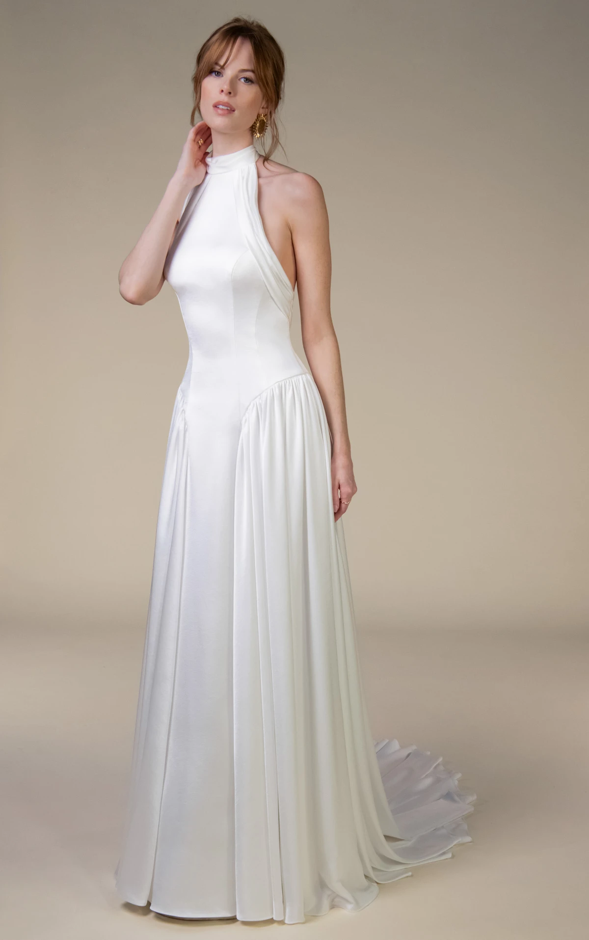 ramone High-Neck Charmeuse Wedding Gown with Open Back and Dropped Waist  by All Who Wander