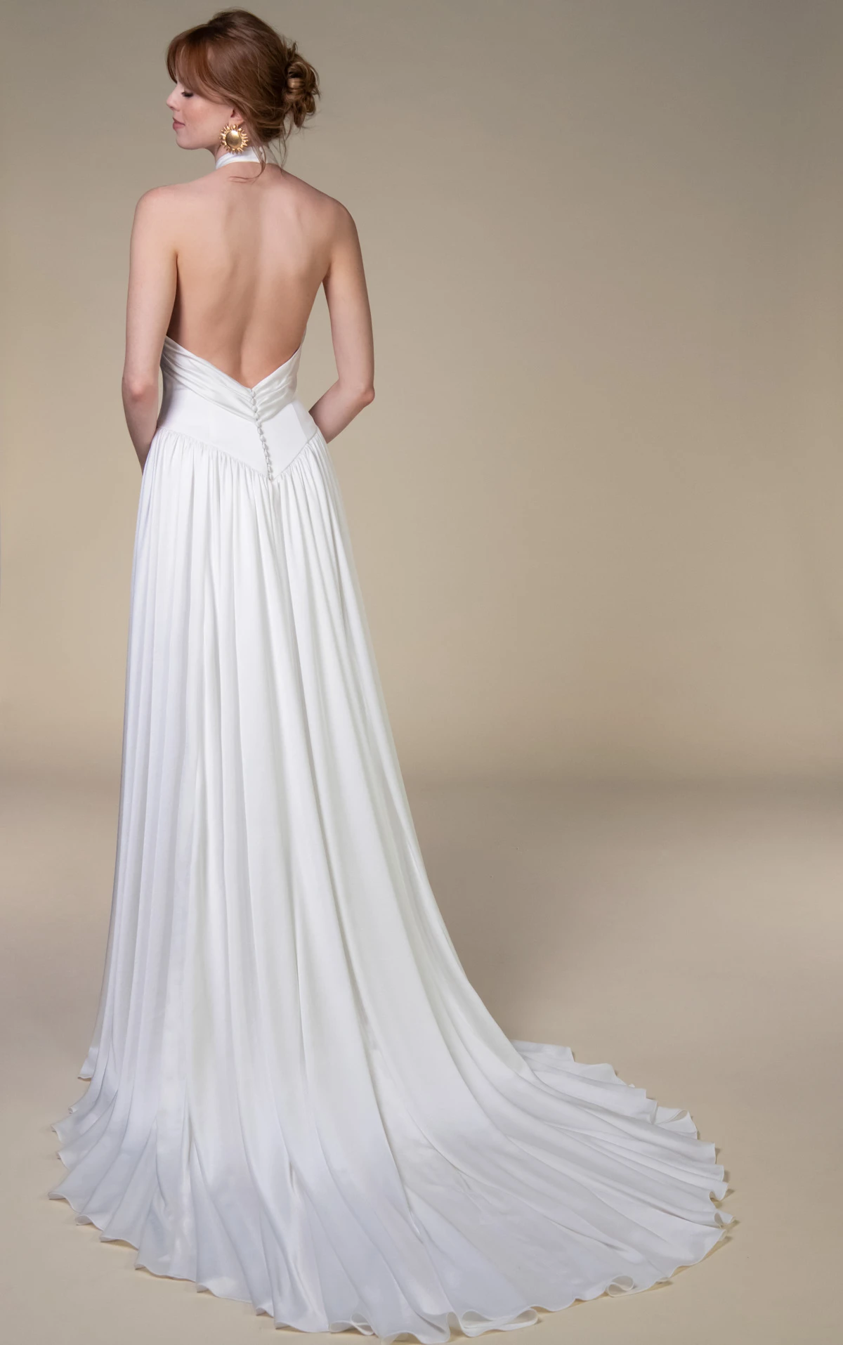 ramone High-Neck Charmeuse Wedding Gown with Open Back and Dropped Waist  by All Who Wander