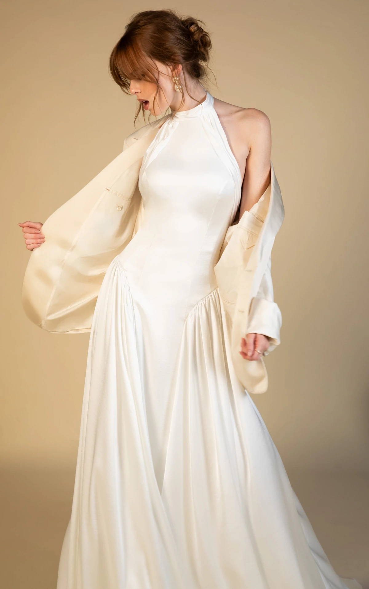 ramone High-Neck Charmeuse Wedding Gown with Open Back and Dropped Waist  by All Who Wander