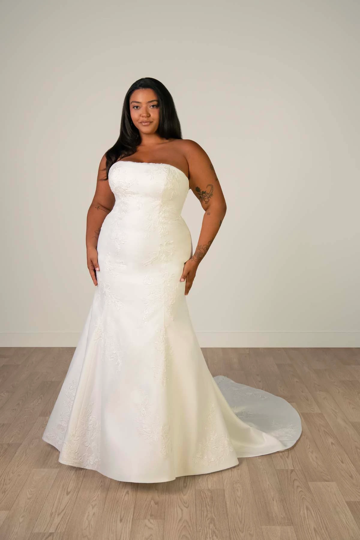 sy8251+ Plus Size Strapless Mikado Mermaid Wedding Gown with Lace Details by Stella York
