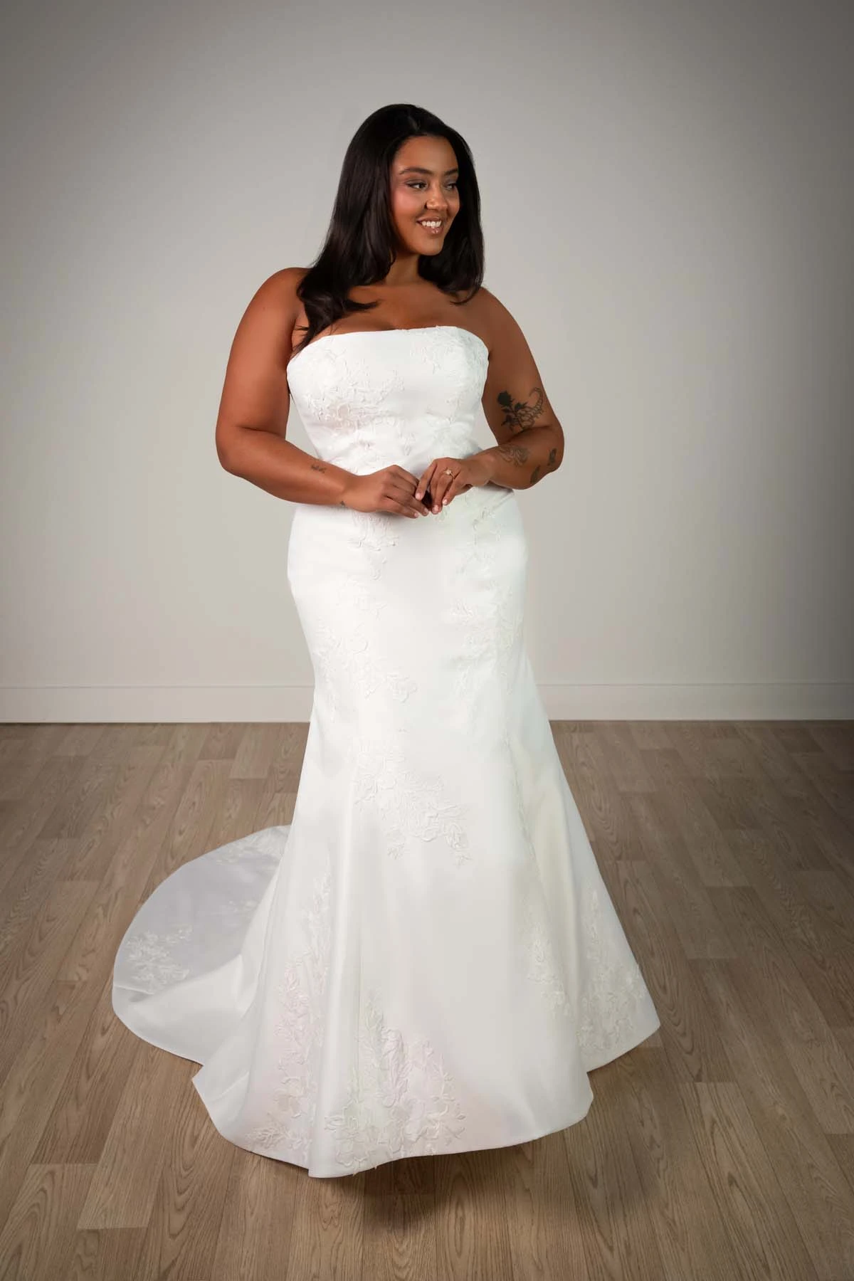 sy8251+ Plus Size Strapless Mikado Mermaid Wedding Gown with Lace Details by Stella York