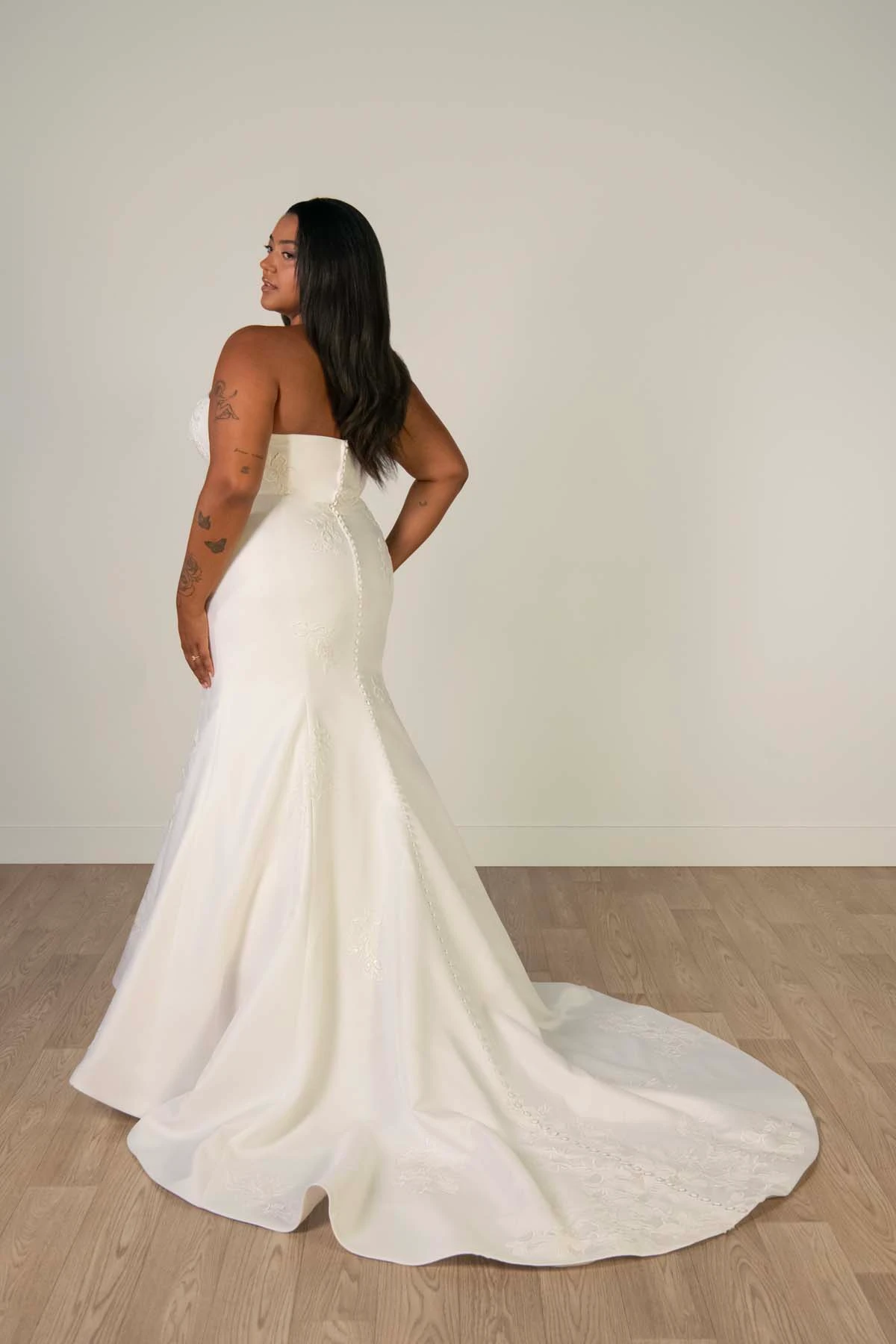 sy8251+ Plus Size Strapless Mikado Mermaid Wedding Gown with Lace Details by Stella York