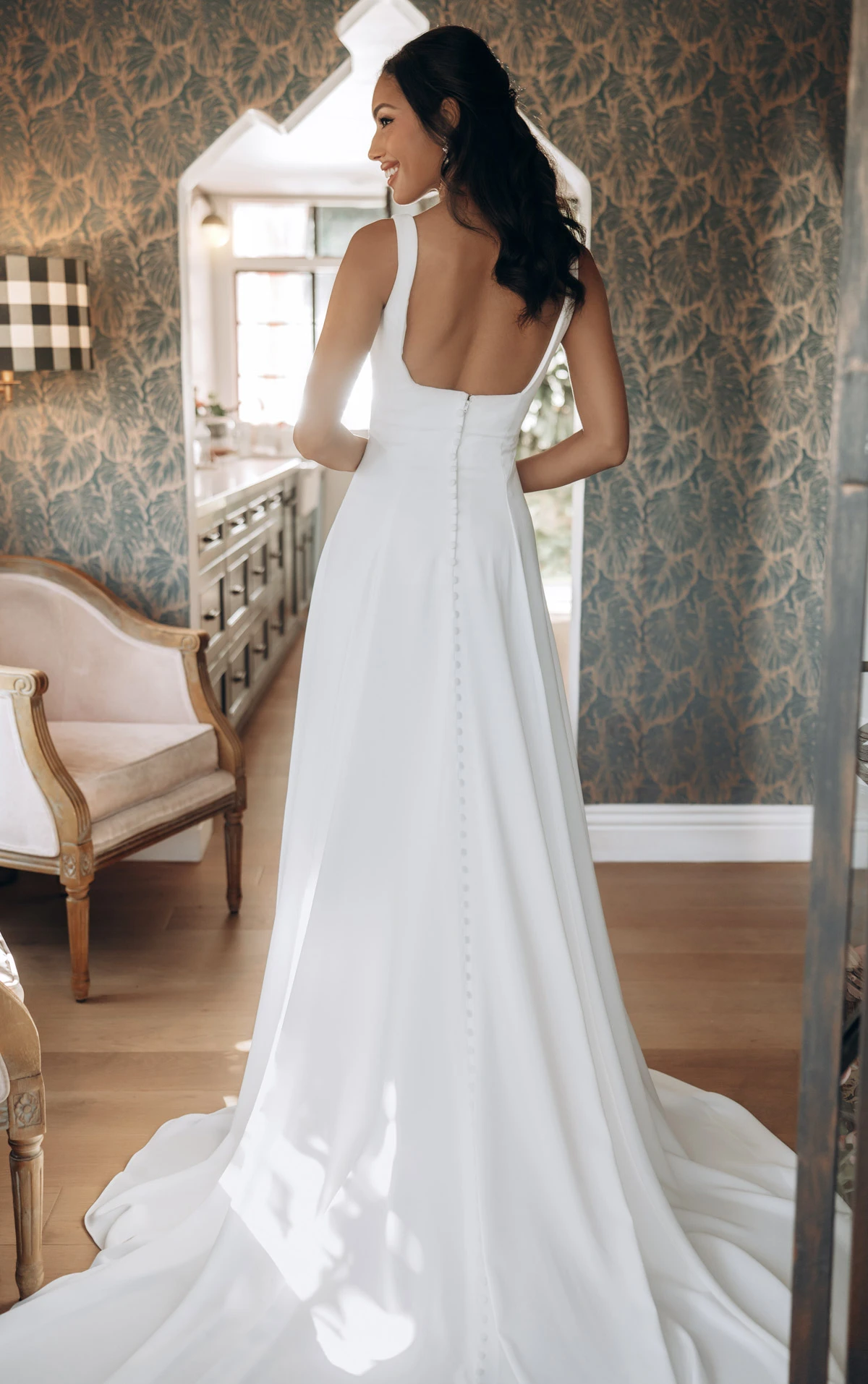 sy8257 Architectural Square Neckline A-Line Wedding Gown with Low Square Back by Stella York