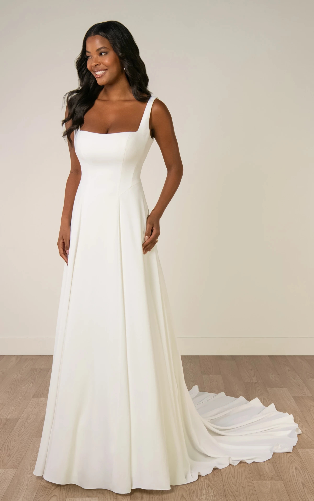 sy8257 Architectural Square Neckline A-Line Wedding Gown with Low Square Back by Stella York