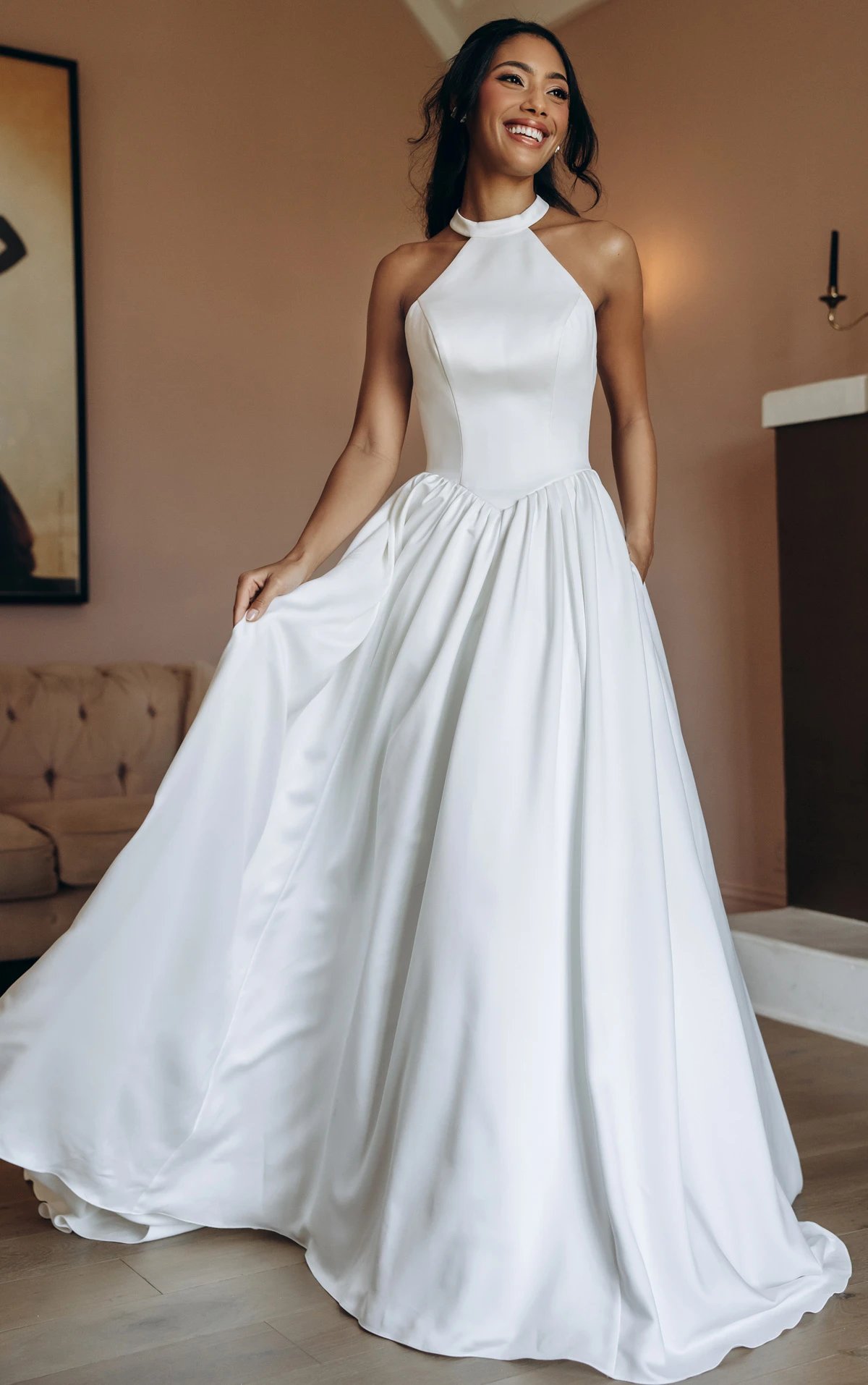 Halter Neck Satin A-Line Wedding Gown with Keyhole Back and Pockets, SY8273, byStella York