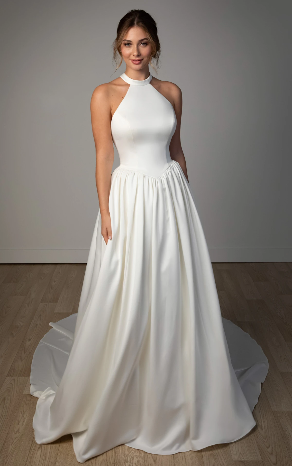sy8273 Halter Neck Satin A-Line Wedding Gown with Keyhole Back and Pockets by Stella York