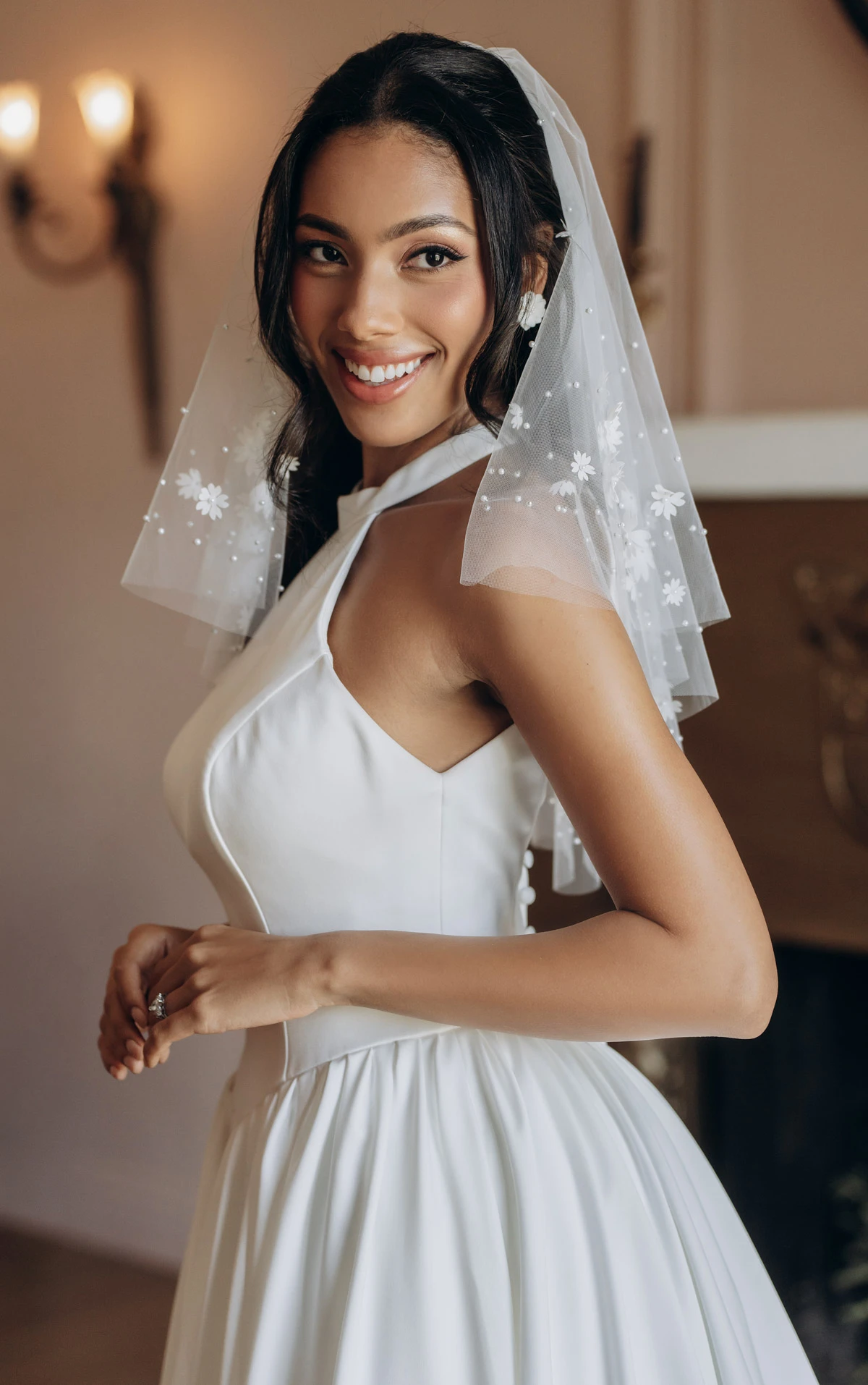 sy8273 Halter Neck Satin A-Line Wedding Gown with Keyhole Back and Pockets by Stella York