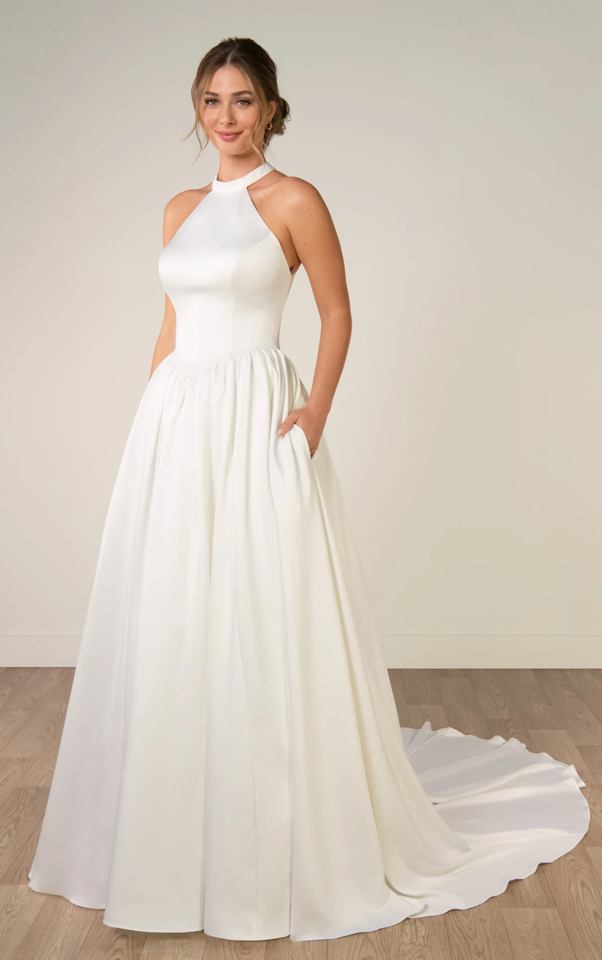 sy8273 Halter Neck Satin A-Line Wedding Gown with Keyhole Back and Pockets by Stella York
