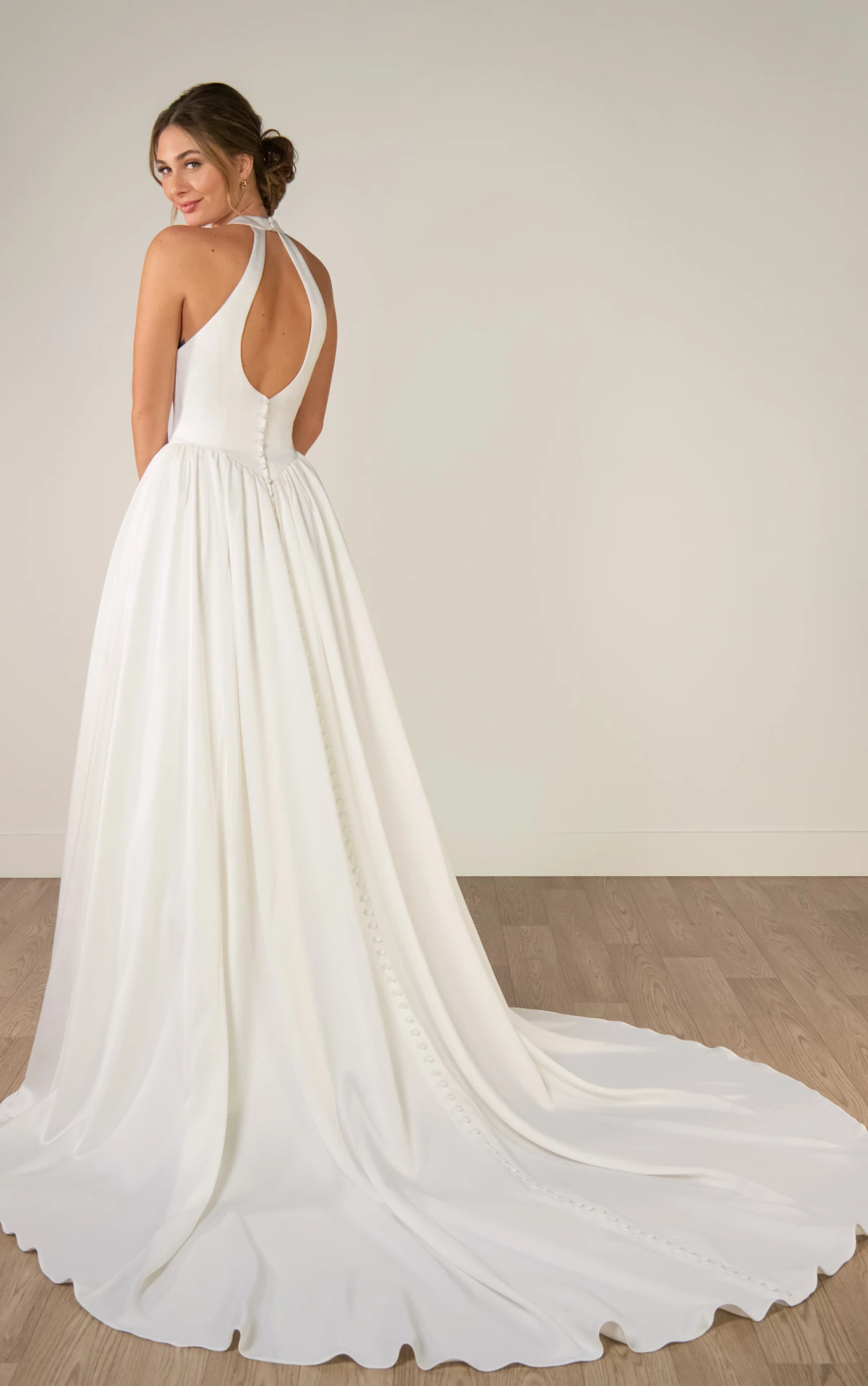 sy8273 Halter Neck Satin A-Line Wedding Gown with Keyhole Back and Pockets by Stella York