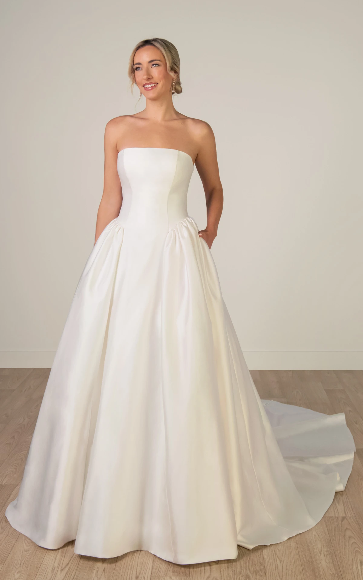 sy8274 Strapless Mikado A-Line Wedding Gown with Architectural Seaming and Pockets by Stella York