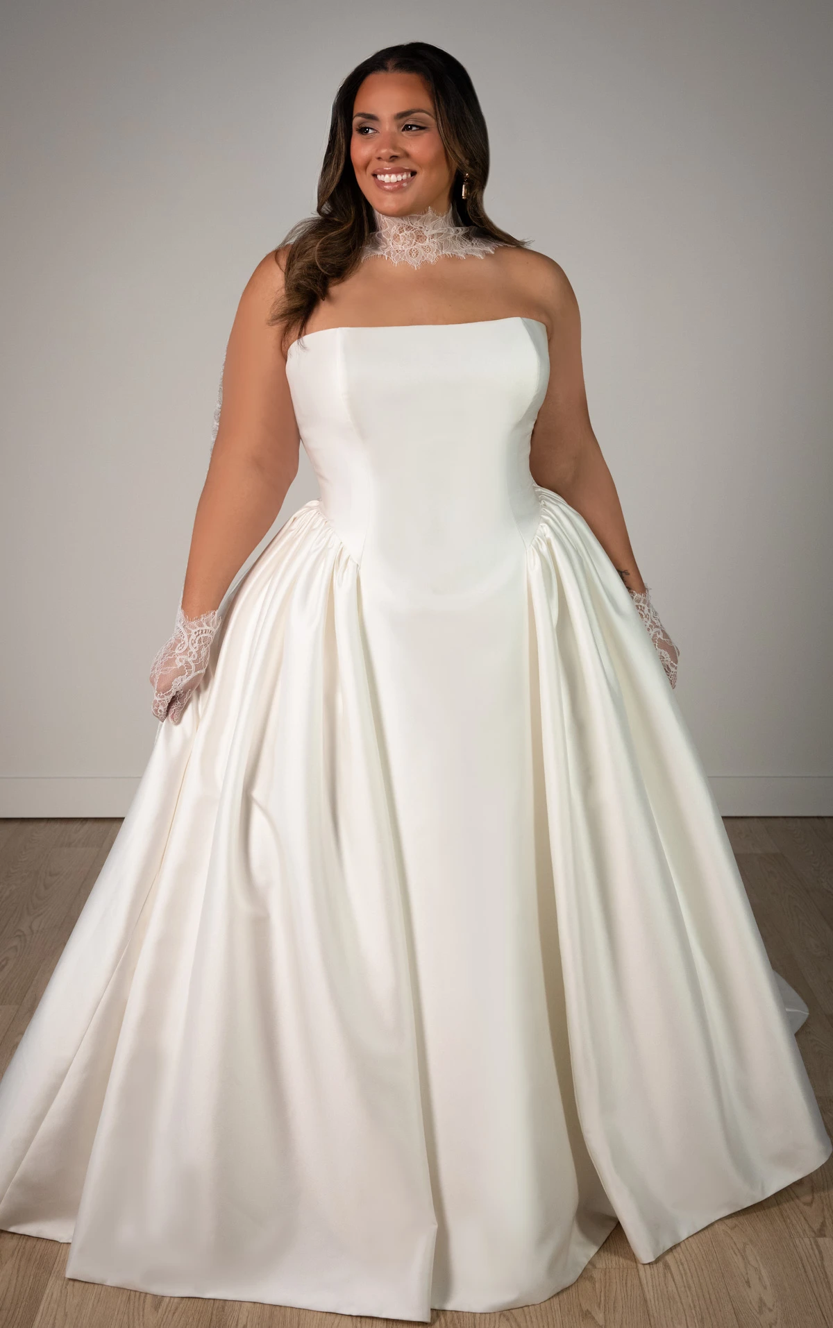 sy8274 Strapless Mikado A-Line Wedding Gown with Architectural Seaming and Pockets by Stella York