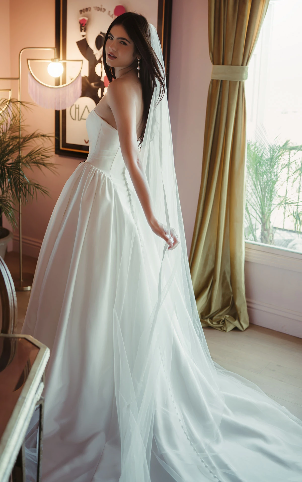 sy8274 Strapless Mikado A-Line Wedding Gown with Architectural Seaming and Pockets by Stella York
