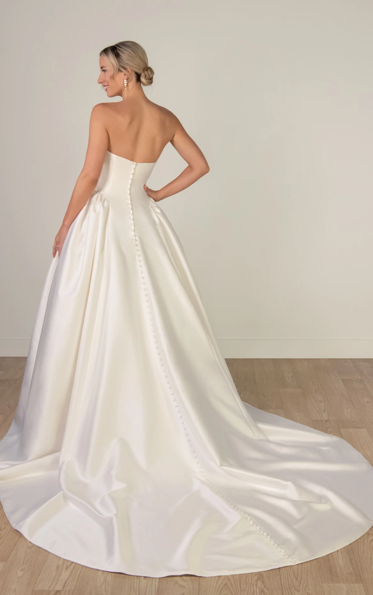 sy8274 Strapless Mikado A-Line Wedding Gown with Architectural Seaming and Pockets by Stella York