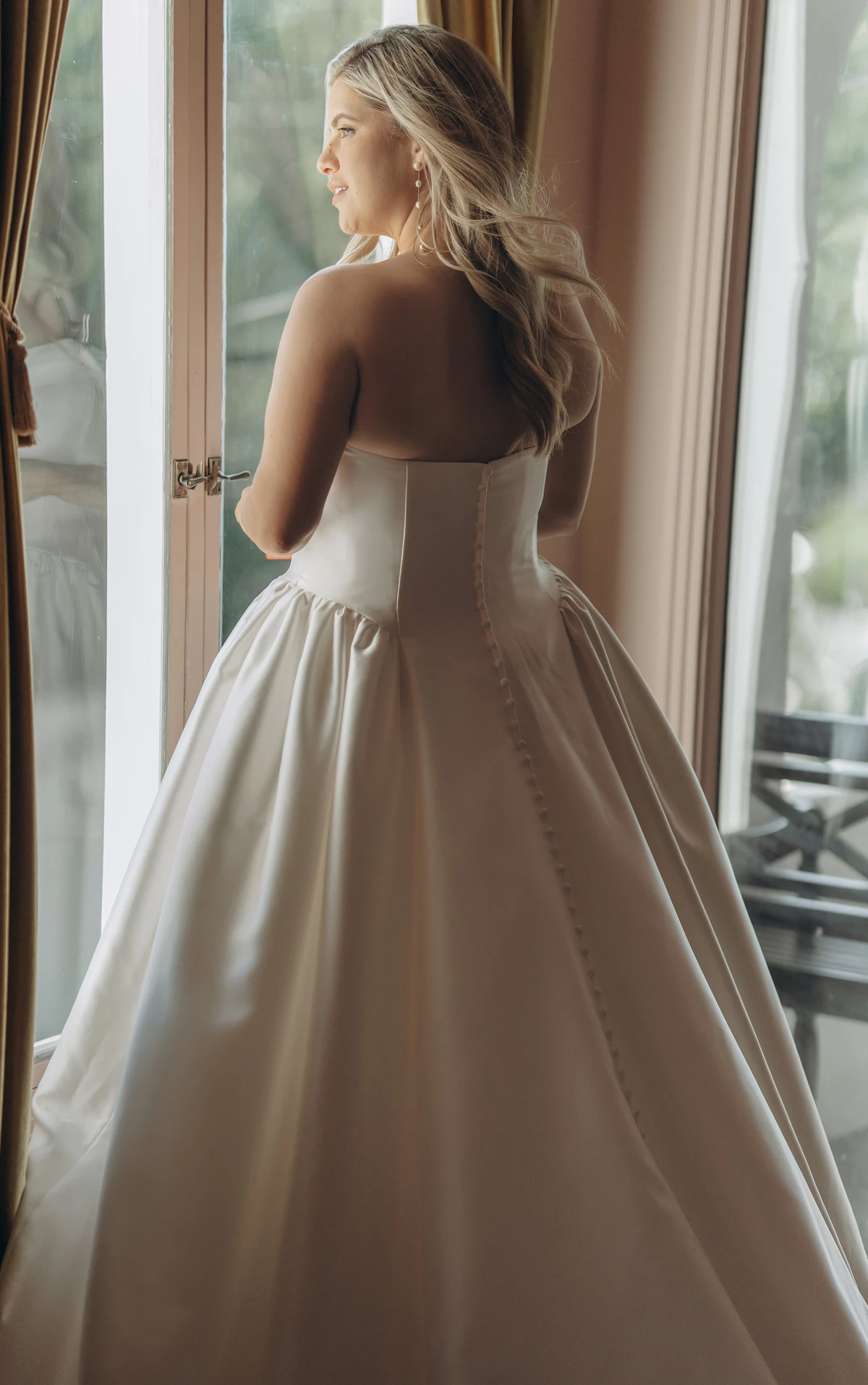 sy8274 Strapless Mikado A-Line Wedding Gown with Architectural Seaming and Pockets by Stella York