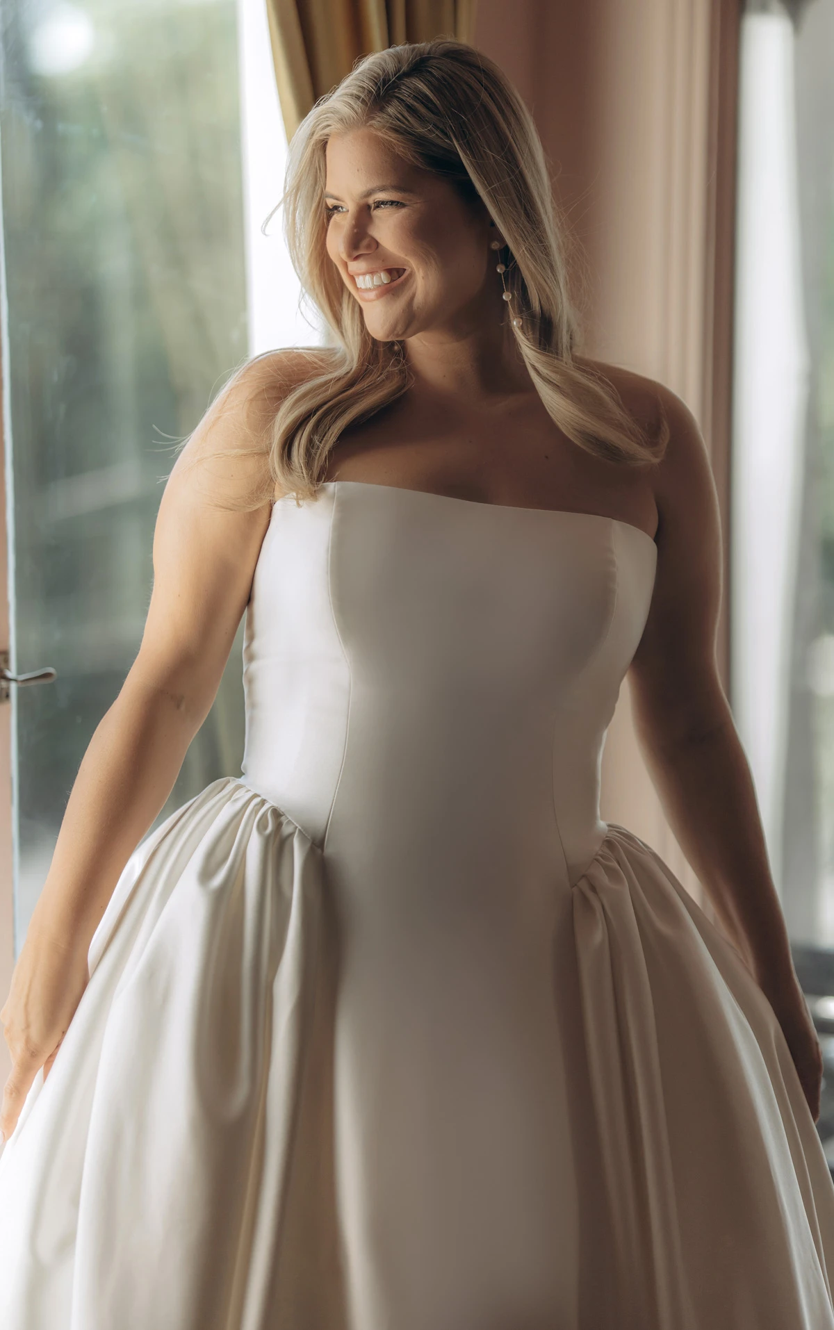 sy8274 Strapless Mikado A-Line Wedding Gown with Architectural Seaming and Pockets by Stella York