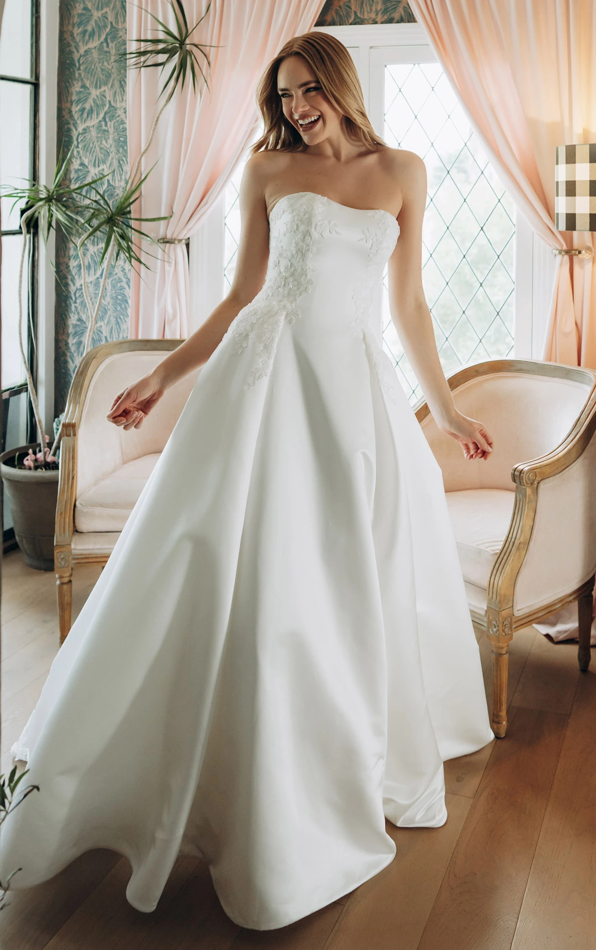 Strapless Lace and Grand Satin A-Line Wedding Gown with Scalloped Cutout Train, SY8279, byStella York