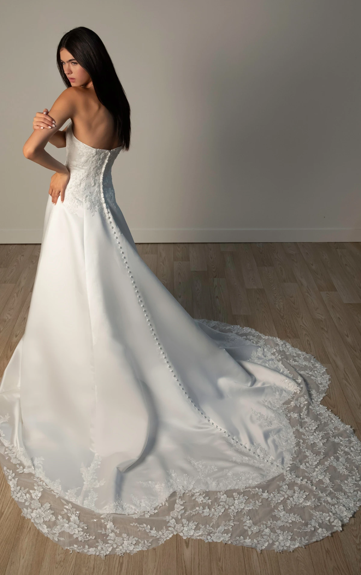 sy8279 Strapless Lace and Grand Satin A-Line Wedding Gown with Scalloped Cutout Train by Stella York