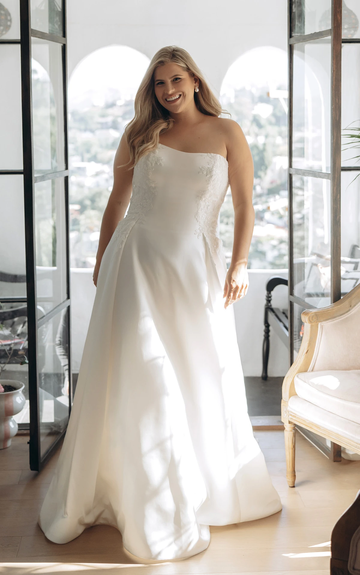 sy8279 Strapless Lace and Grand Satin A-Line Wedding Gown with Scalloped Cutout Train by Stella York