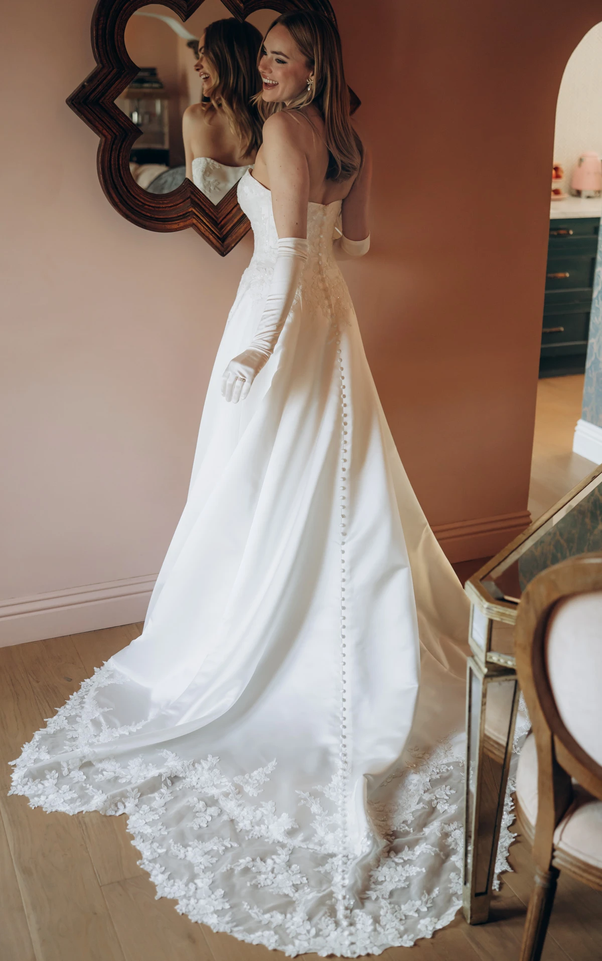 sy8279 Strapless Lace and Grand Satin A-Line Wedding Gown with Scalloped Cutout Train by Stella York