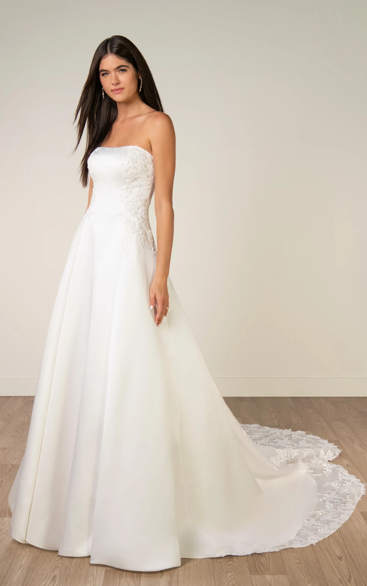 sy8279 Strapless Lace and Grand Satin A-Line Wedding Gown with Scalloped Cutout Train by Stella York