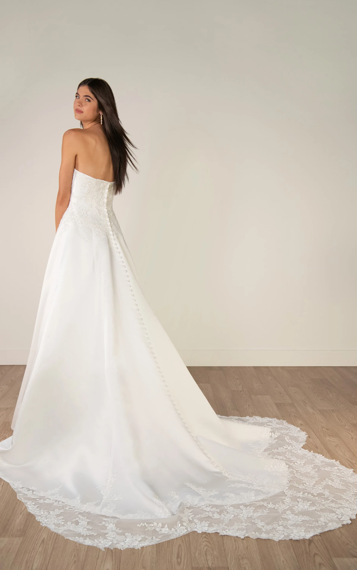 sy8279 Strapless Lace and Grand Satin A-Line Wedding Gown with Scalloped Cutout Train by Stella York