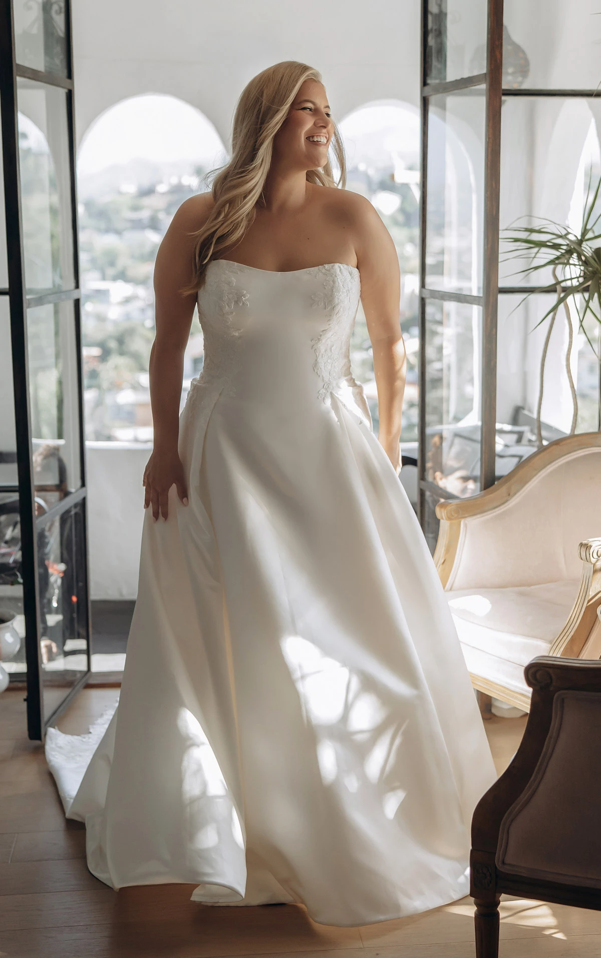 sy8279 Strapless Lace and Grand Satin A-Line Wedding Gown with Scalloped Cutout Train by Stella York