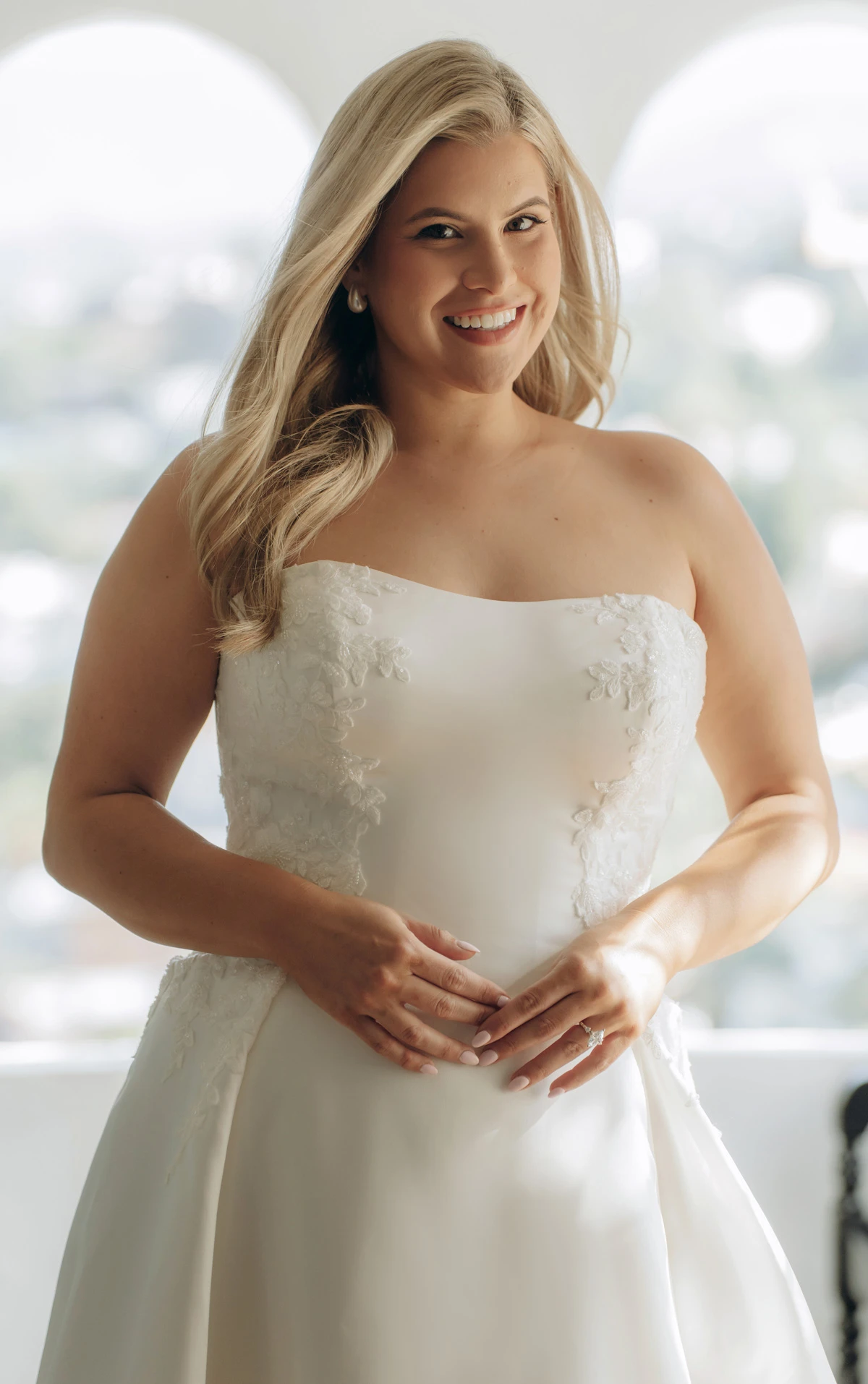 sy8279 Strapless Lace and Grand Satin A-Line Wedding Gown with Scalloped Cutout Train by Stella York
