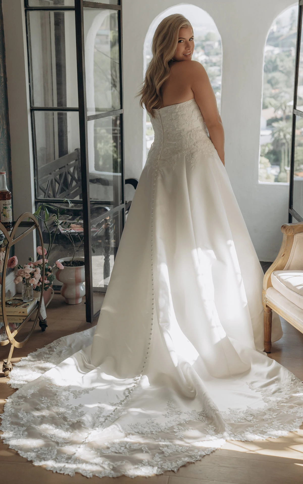 sy8279 Strapless Lace and Grand Satin A-Line Wedding Gown with Scalloped Cutout Train by Stella York