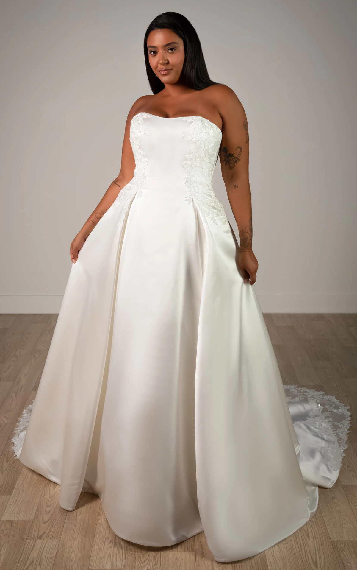 sy8279+ Plus Size Strapless Lace and Grand Satin A-Line Wedding Gown with Scalloped Cutout Train by Stella York