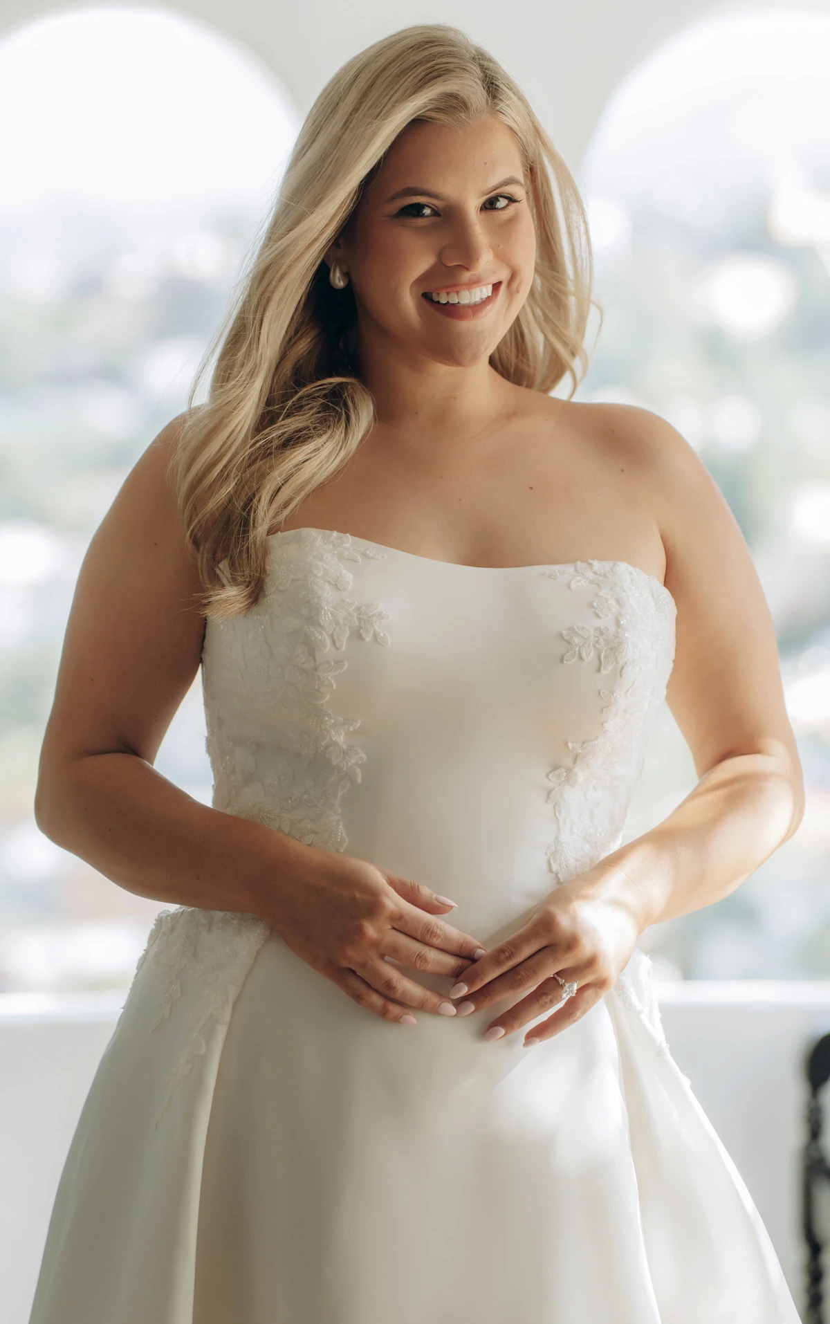 sy8279+ Plus Size Strapless Lace and Grand Satin A-Line Wedding Gown with Scalloped Cutout Train by Stella York