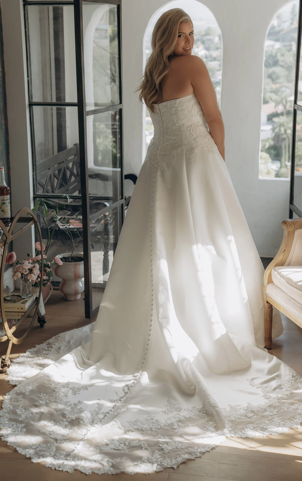 sy8279+ Plus Size Strapless Lace and Grand Satin A-Line Wedding Gown with Scalloped Cutout Train by Stella York
