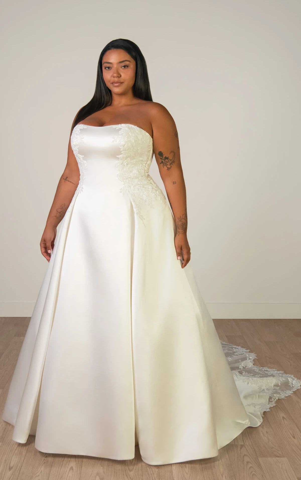 sy8279+ Plus Size Strapless Lace and Grand Satin A-Line Wedding Gown with Scalloped Cutout Train by Stella York