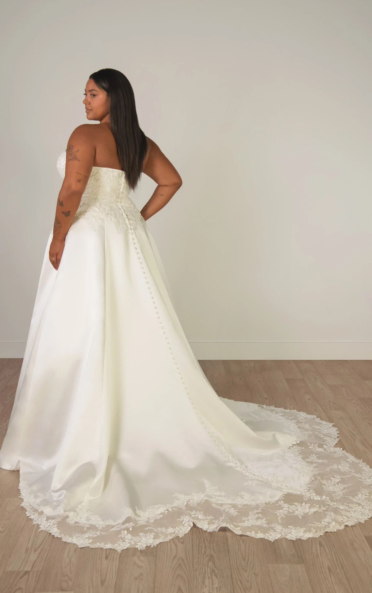 sy8279+ Plus Size Strapless Lace and Grand Satin A-Line Wedding Gown with Scalloped Cutout Train by Stella York