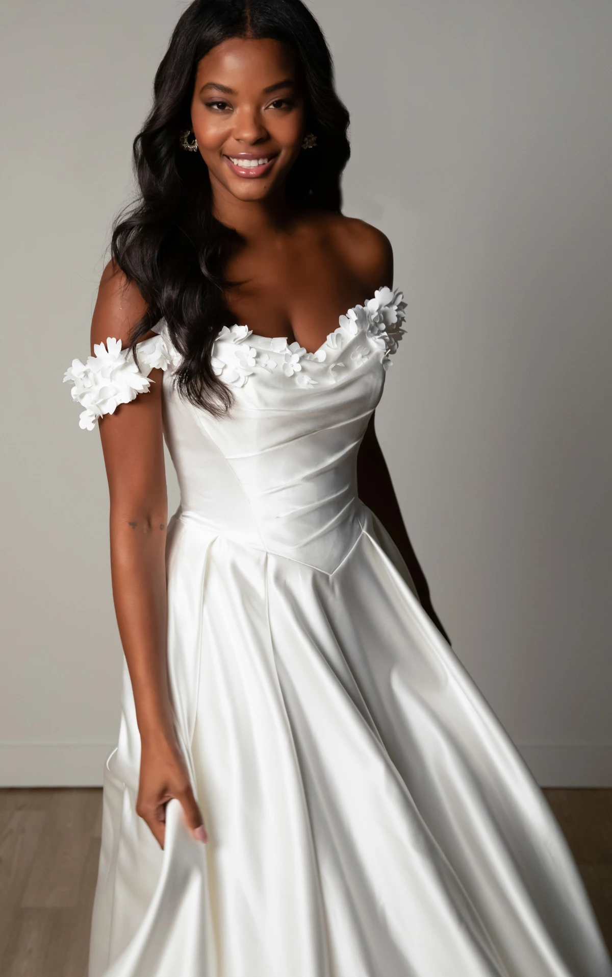 sy8288 Off-the-Shoulder Satin A-Line Wedding Gown with Floral Neckline and Pockets  by Stella York