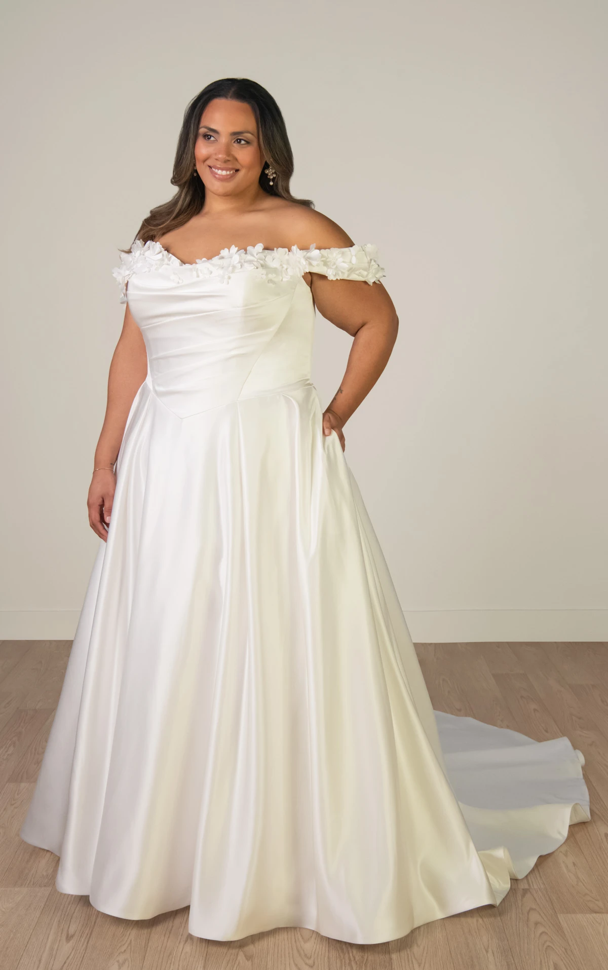 sy8288 Off-the-Shoulder Satin A-Line Wedding Gown with Floral Neckline and Pockets  by Stella York