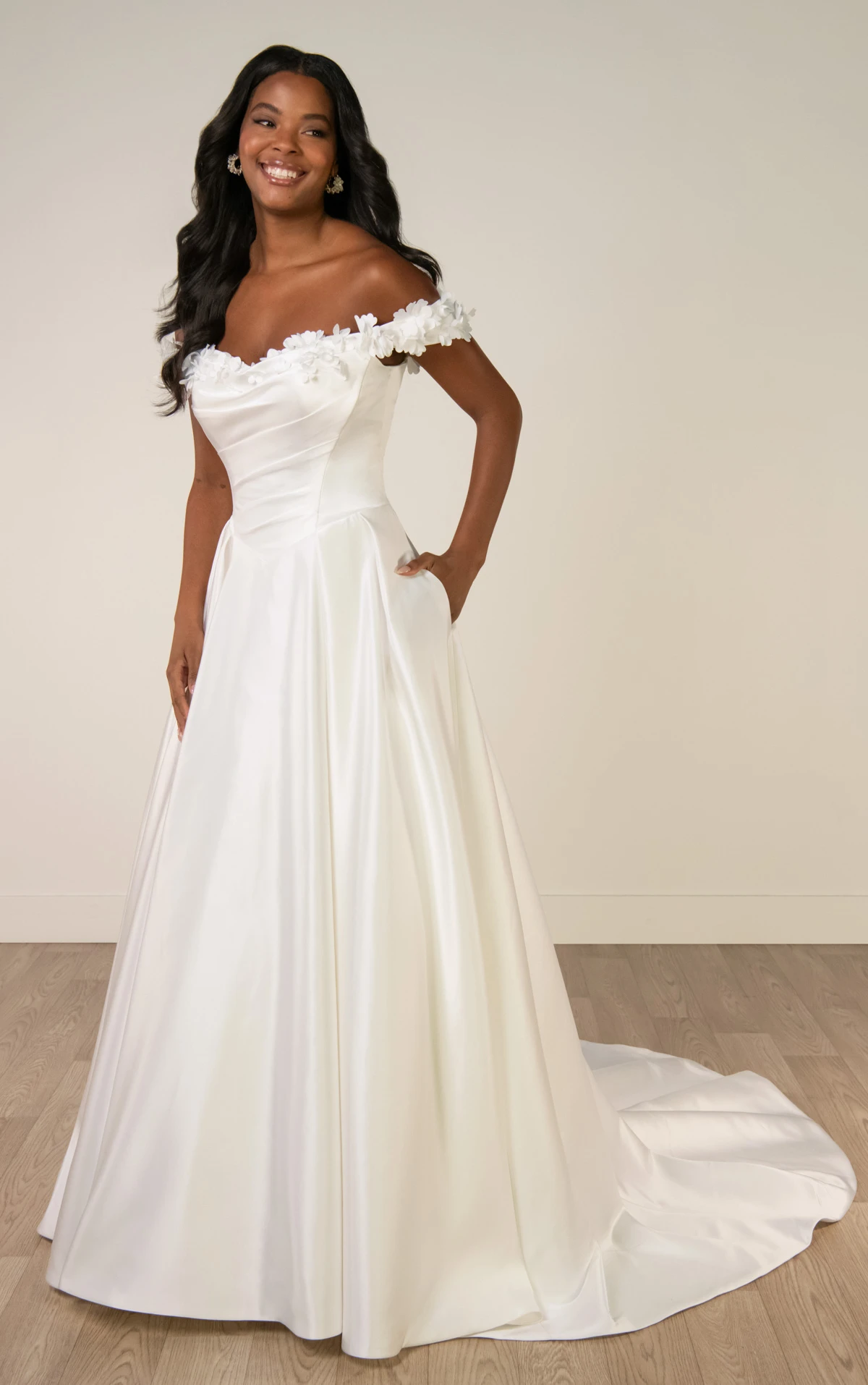 sy8288 Off-the-Shoulder Satin A-Line Wedding Gown with Floral Neckline and Pockets  by Stella York
