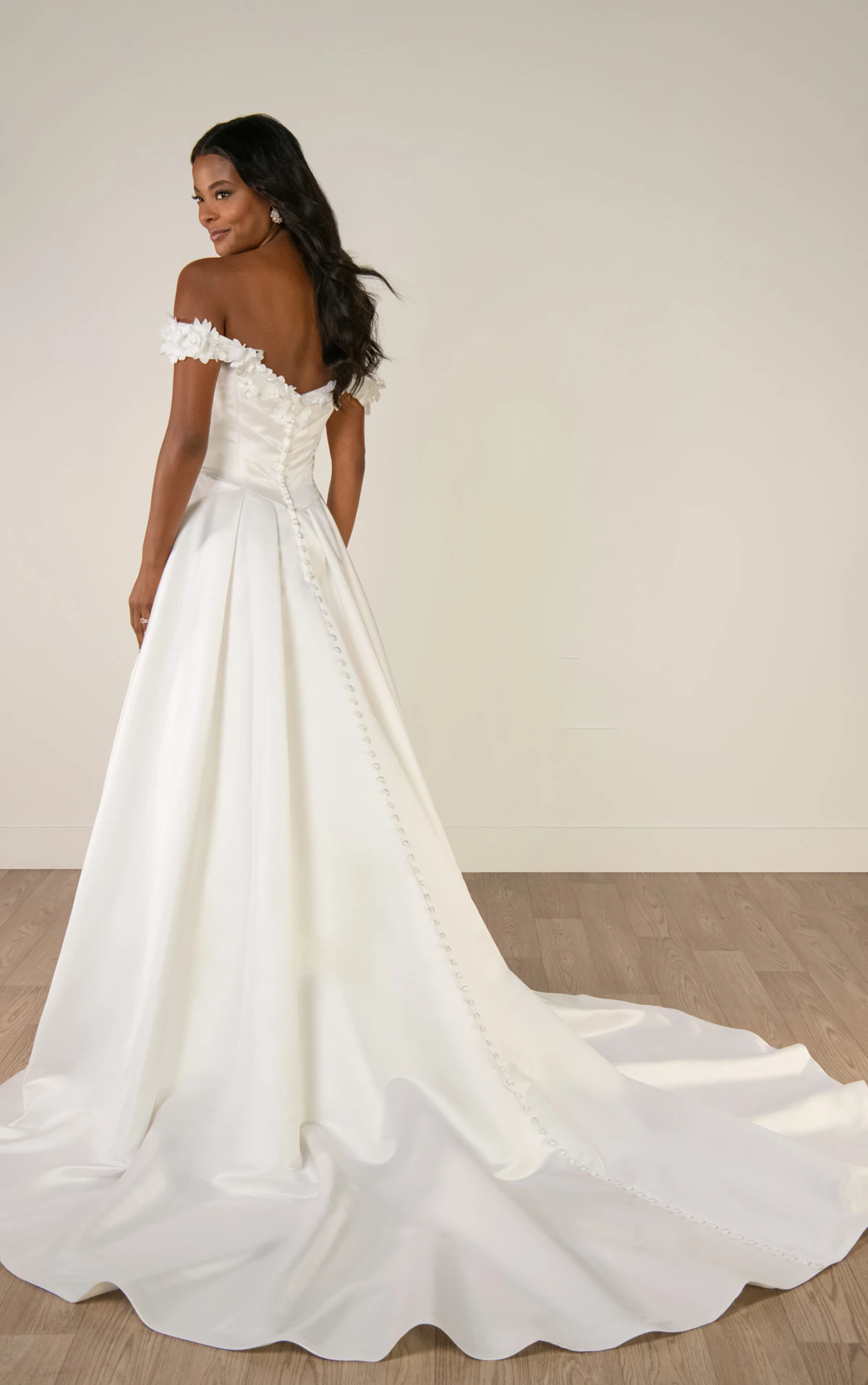 sy8288 Off-the-Shoulder Satin A-Line Wedding Gown with Floral Neckline and Pockets  by Stella York