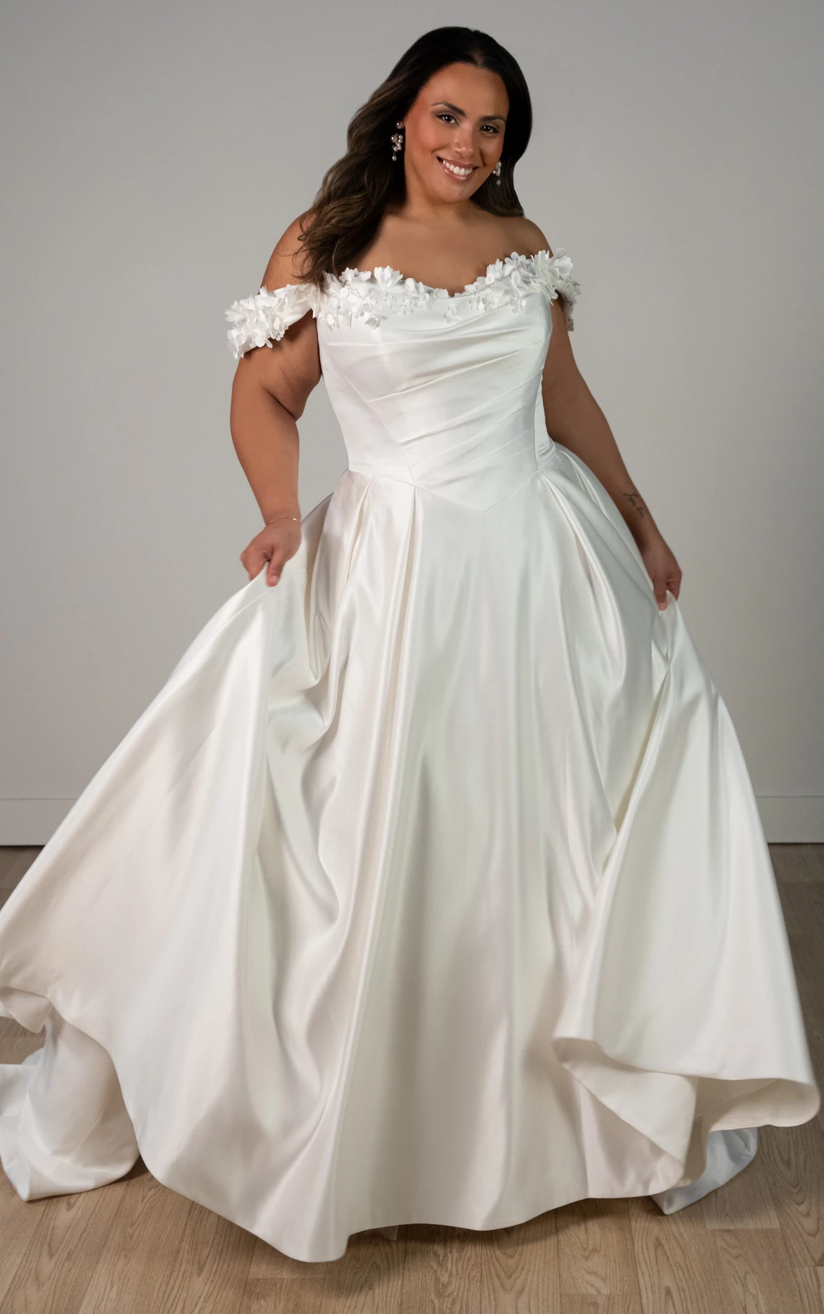 Plus Size Off-the-Shoulder Satin A-Line Wedding Gown with Floral Neckline and Pockets, SY8288+, byStella York