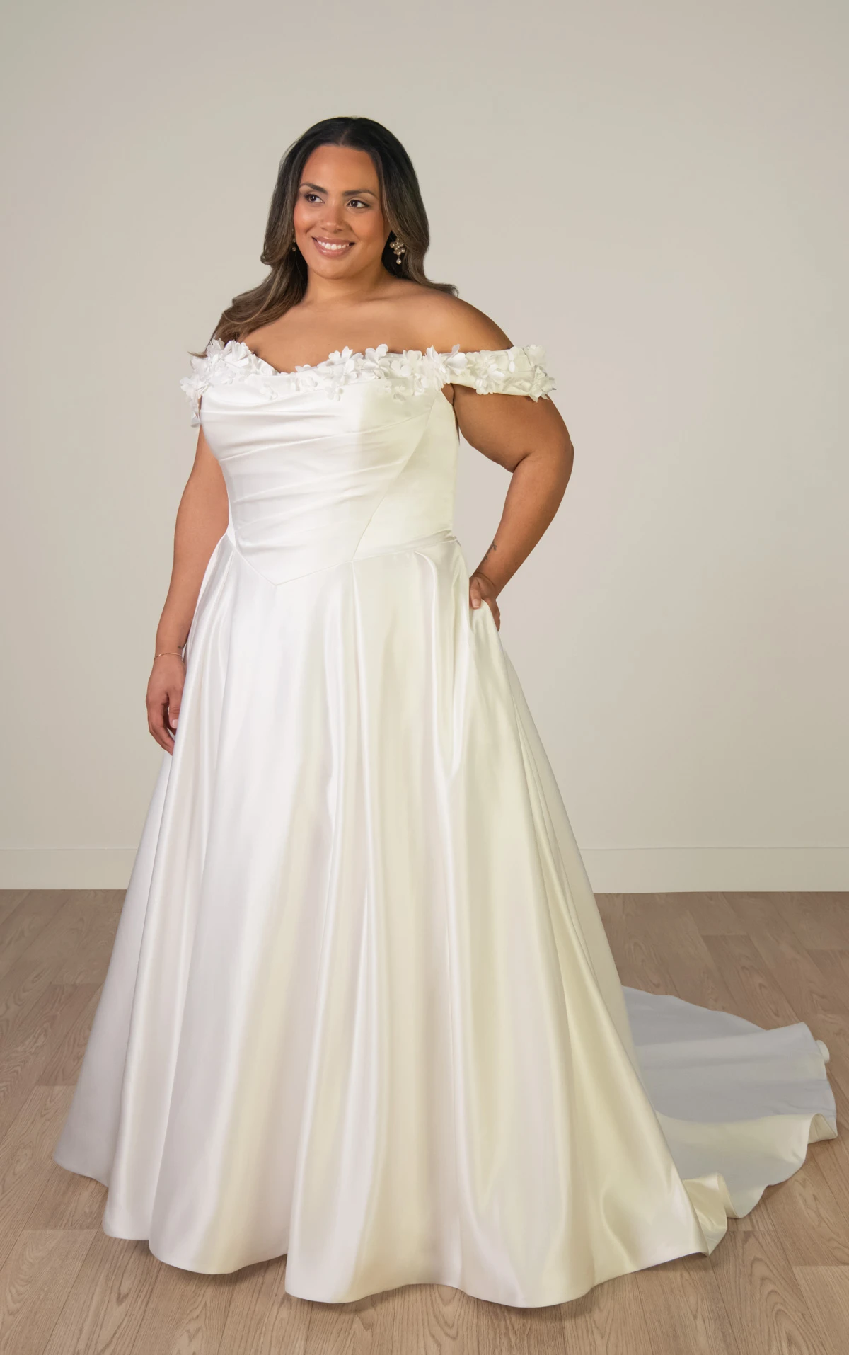 sy8288+ Plus Size Off-the-Shoulder Satin A-Line Wedding Gown with Floral Neckline and Pockets  by Stella York