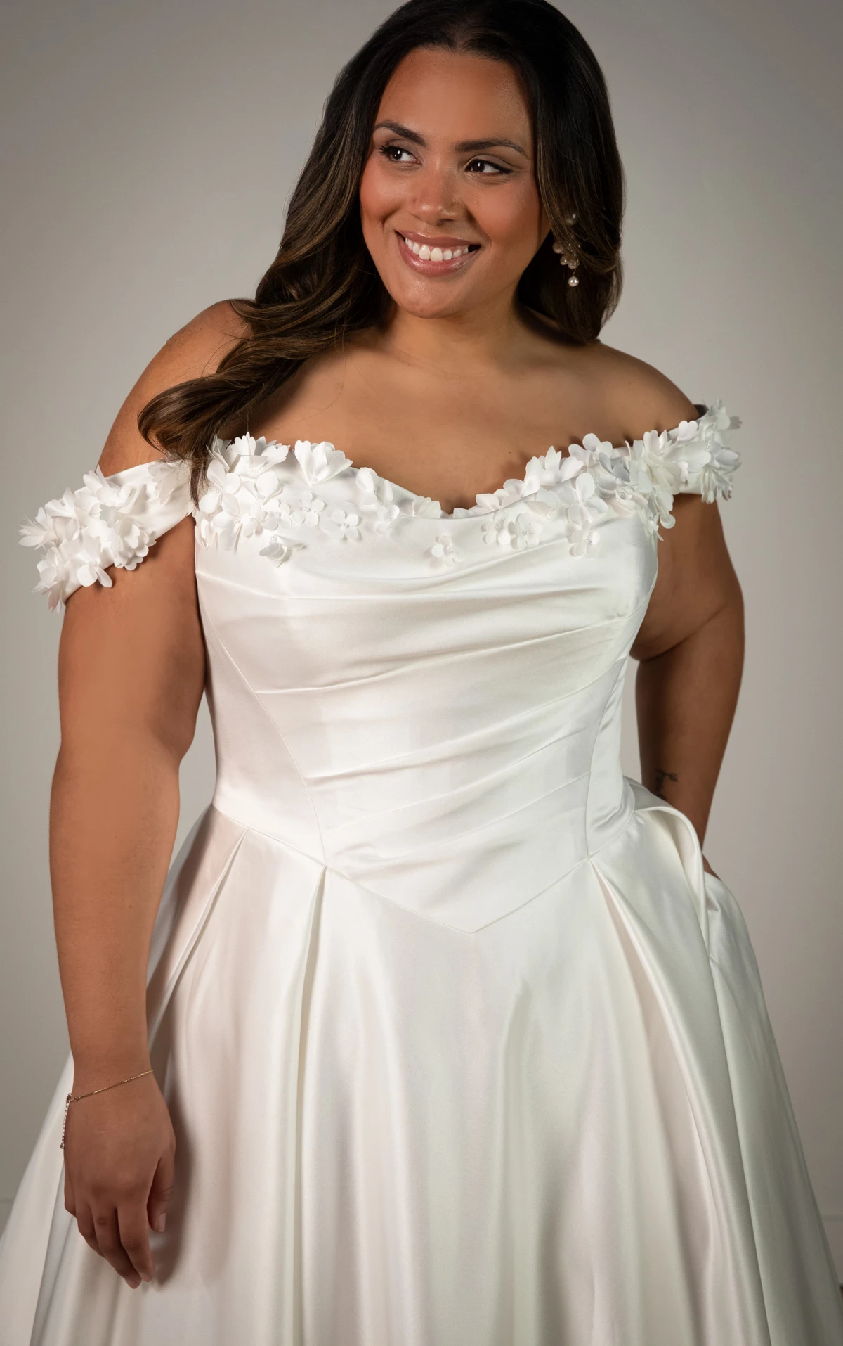 sy8288+ Plus Size Off-the-Shoulder Satin A-Line Wedding Gown with Floral Neckline and Pockets  by Stella York