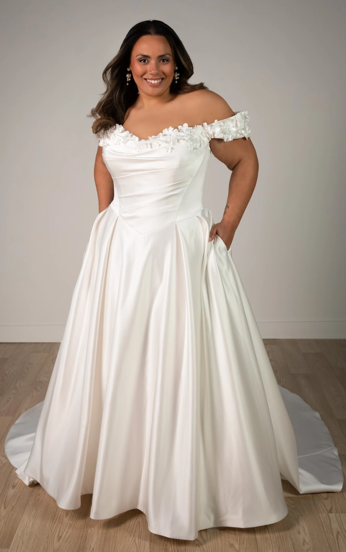 sy8288+ Plus Size Off-the-Shoulder Satin A-Line Wedding Gown with Floral Neckline and Pockets  by Stella York