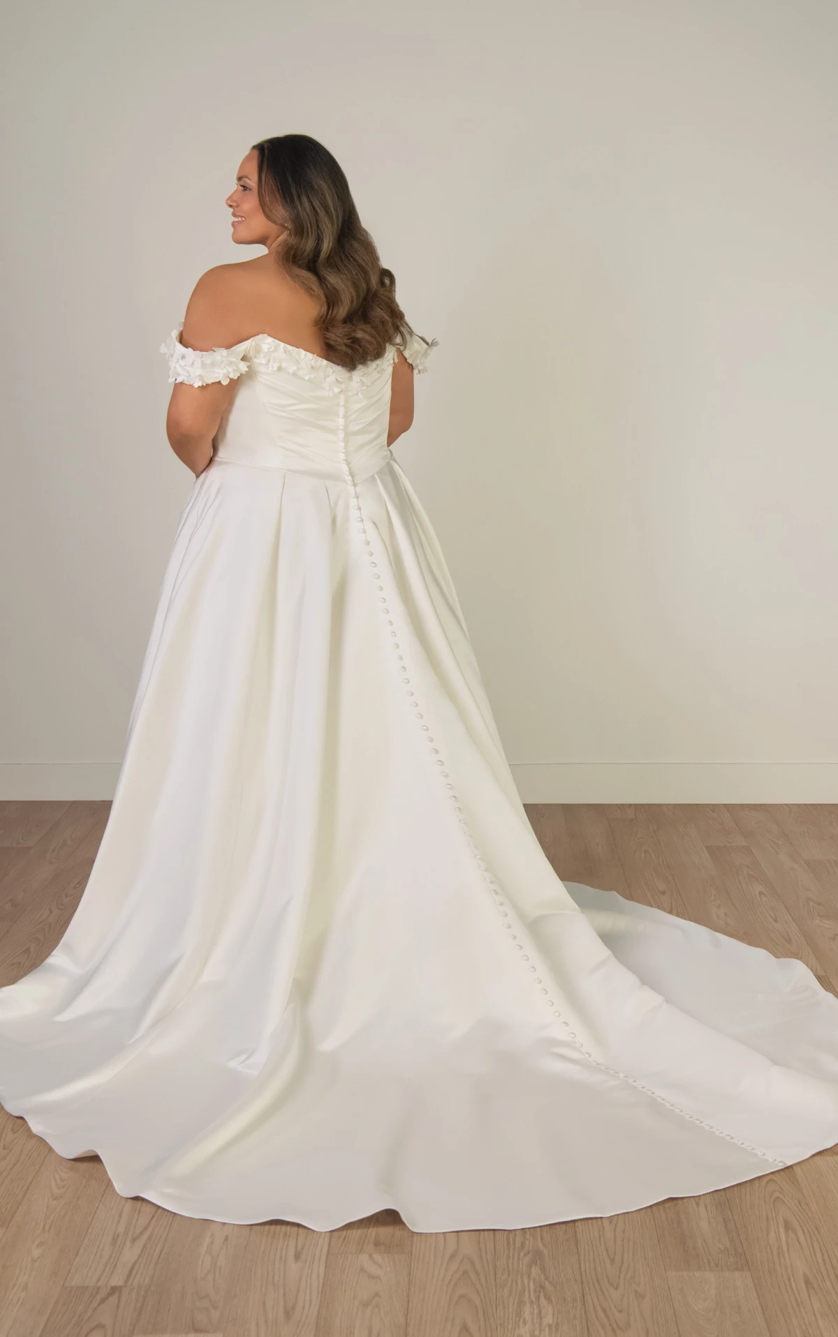 sy8288+ Plus Size Off-the-Shoulder Satin A-Line Wedding Gown with Floral Neckline and Pockets  by Stella York