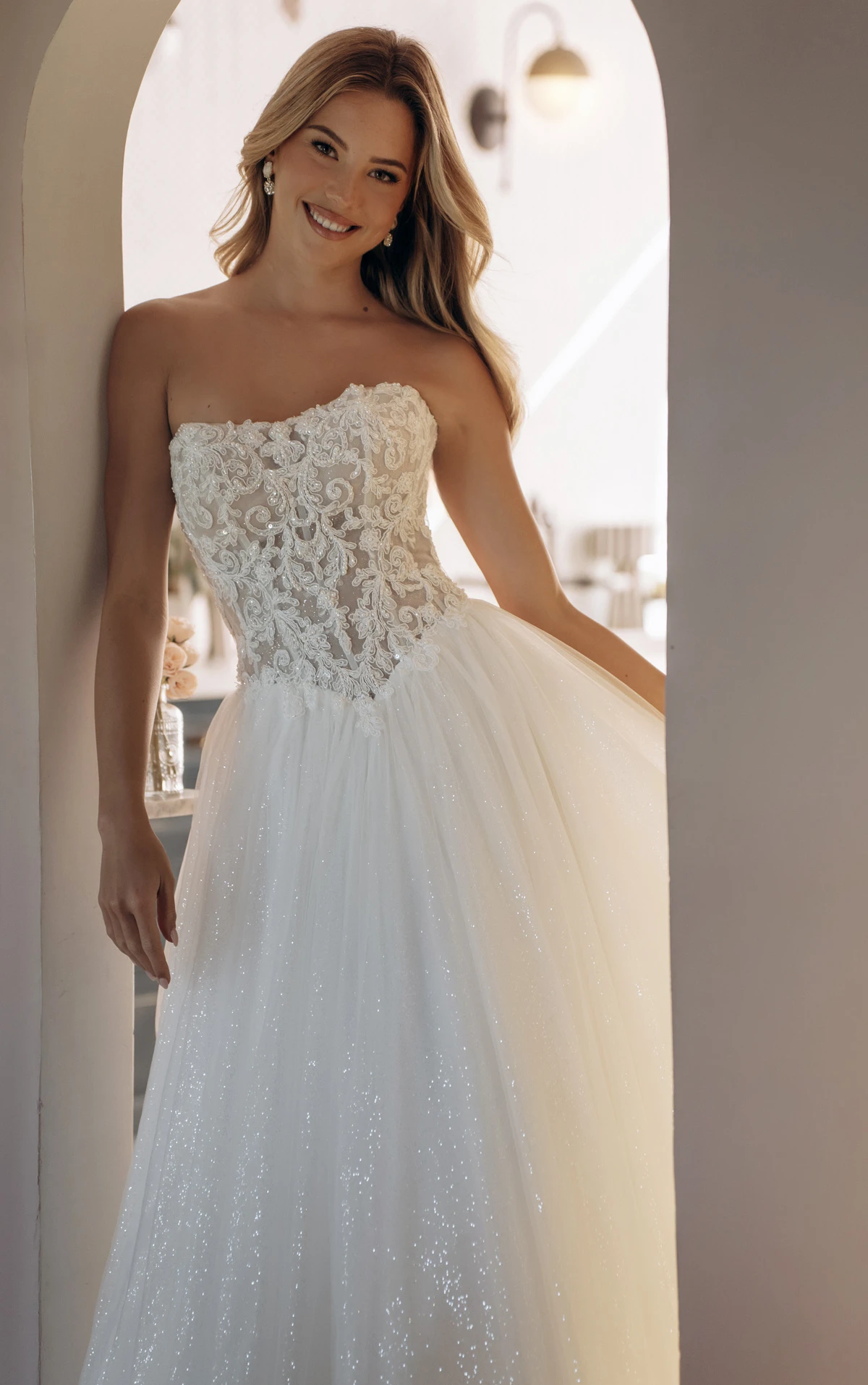 sy8301 Strapless Sparkle Tulle and Lace Ballgown with Sheer Corset Bodice by Stella York
