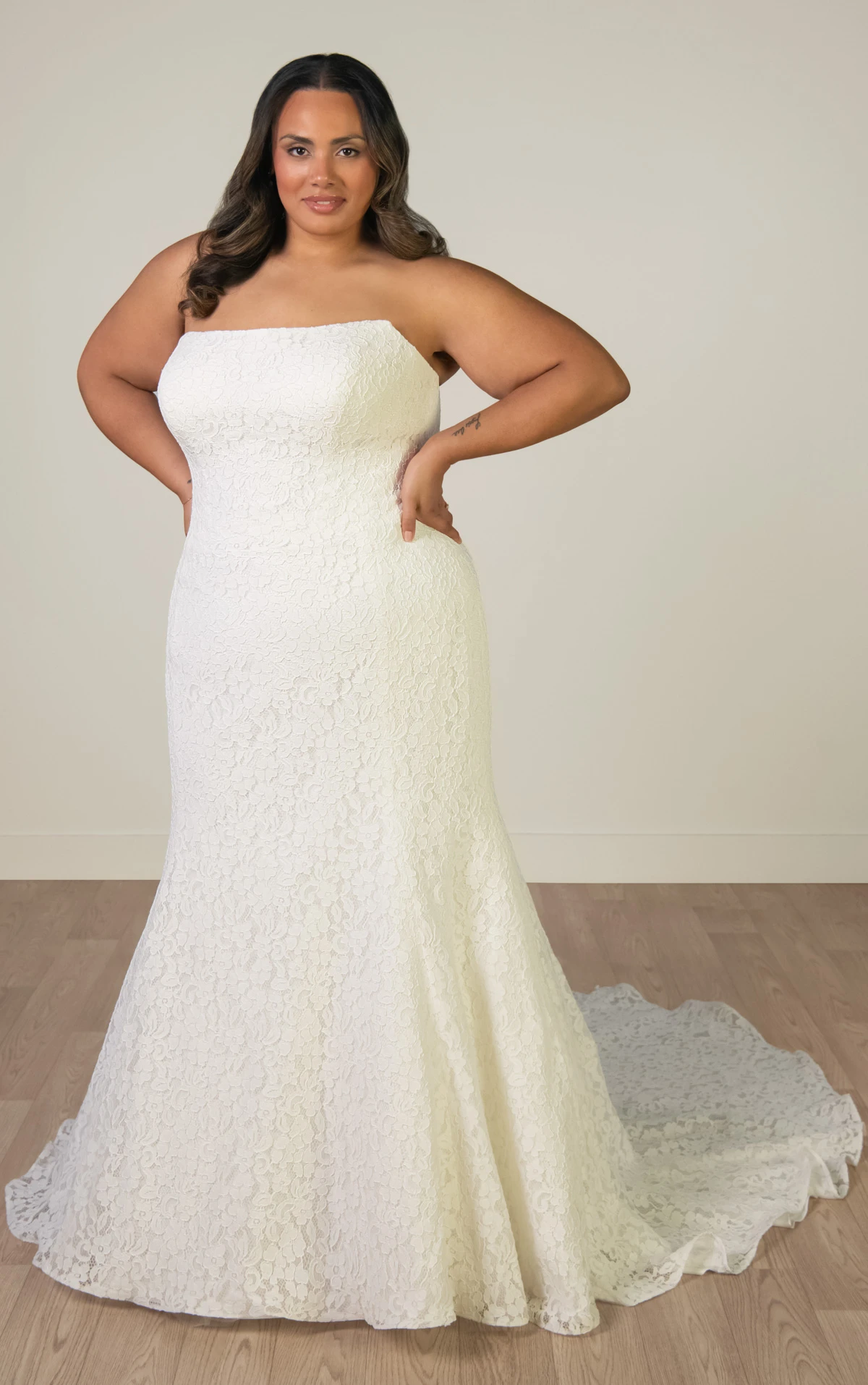 sy8306+ Plus Size Strapless Lace Mermaid Wedding Gown with Scalloped Edge by Stella York