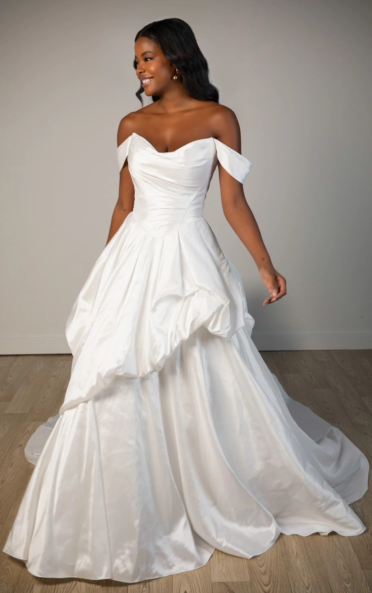 Off-the-Shoulder Shimmering Organza Ballgown with Ruched Bodice and Pickups, SY8309, byStella York