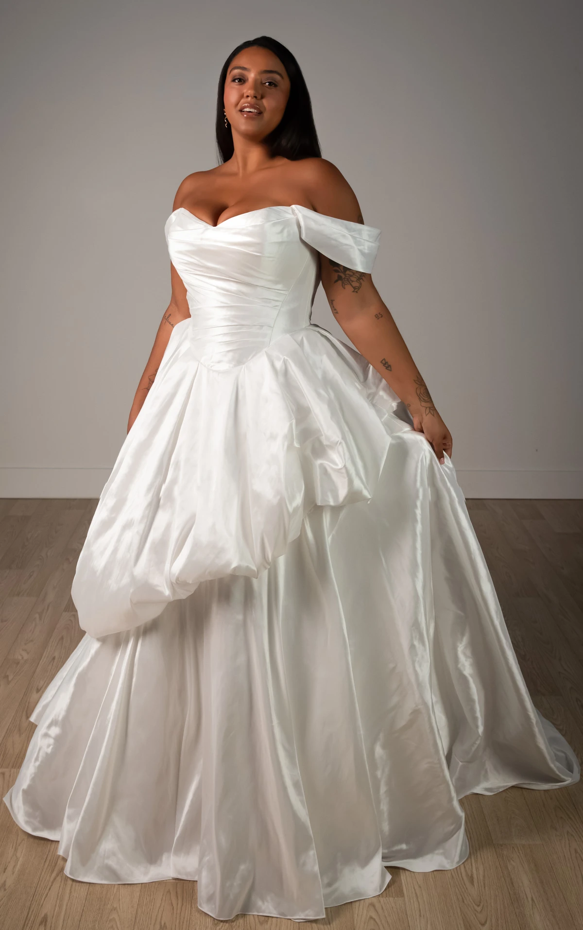 sy8309 Off-the-Shoulder Shimmering Organza Ballgown with Ruched Bodice and Pickups by Stella York